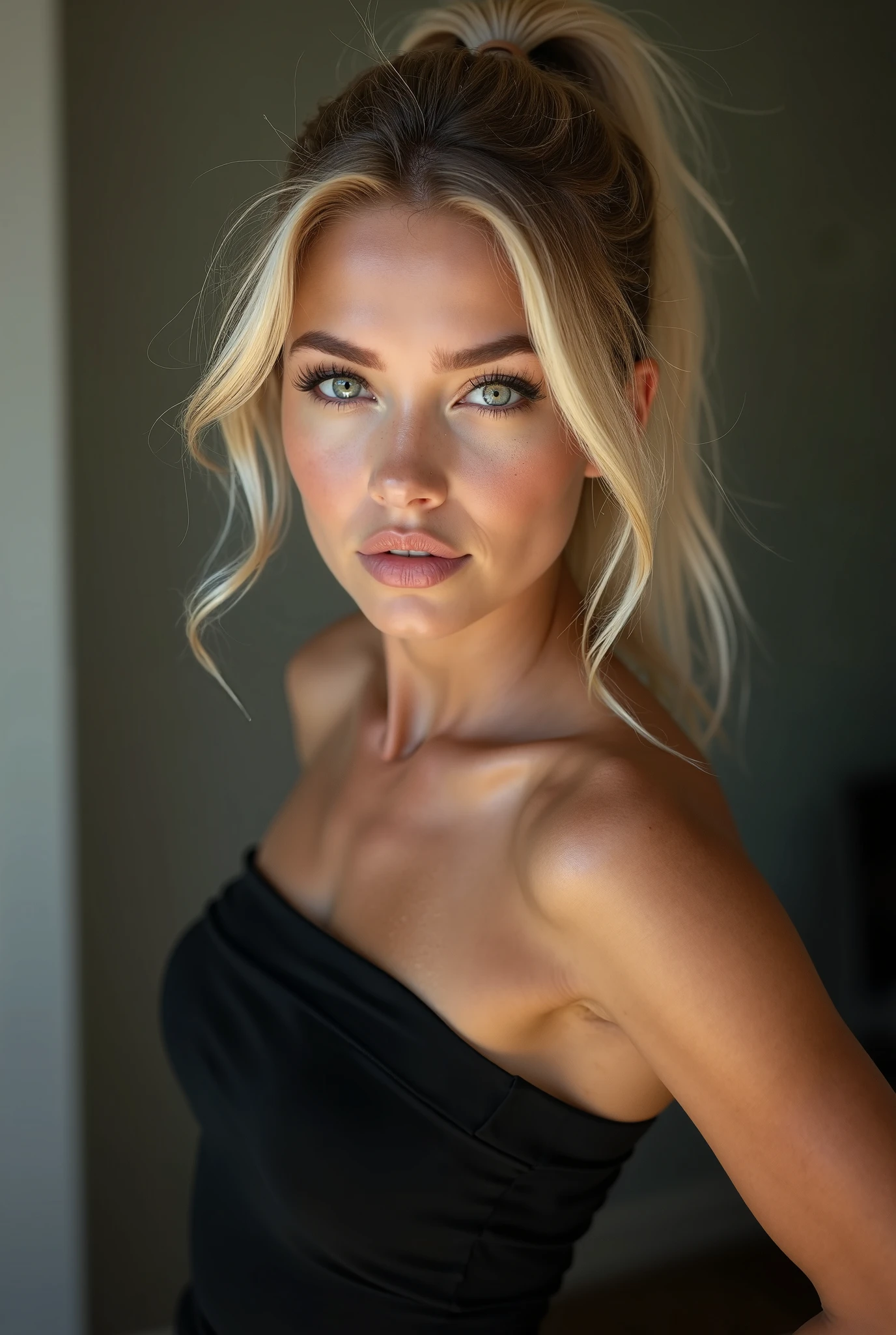 sultry woman in matching blouse and panties, sexy girl with brown eyes, Retrato Sophie Mudd, blonde hair and large eyes, selfie of a young woman, Eyes in the room, violet myers, Ahne makeup, Make-up natural, looking directly at the camera, guy with artgram, subtle make-up, Stunning full body photo, in the club, neckleace