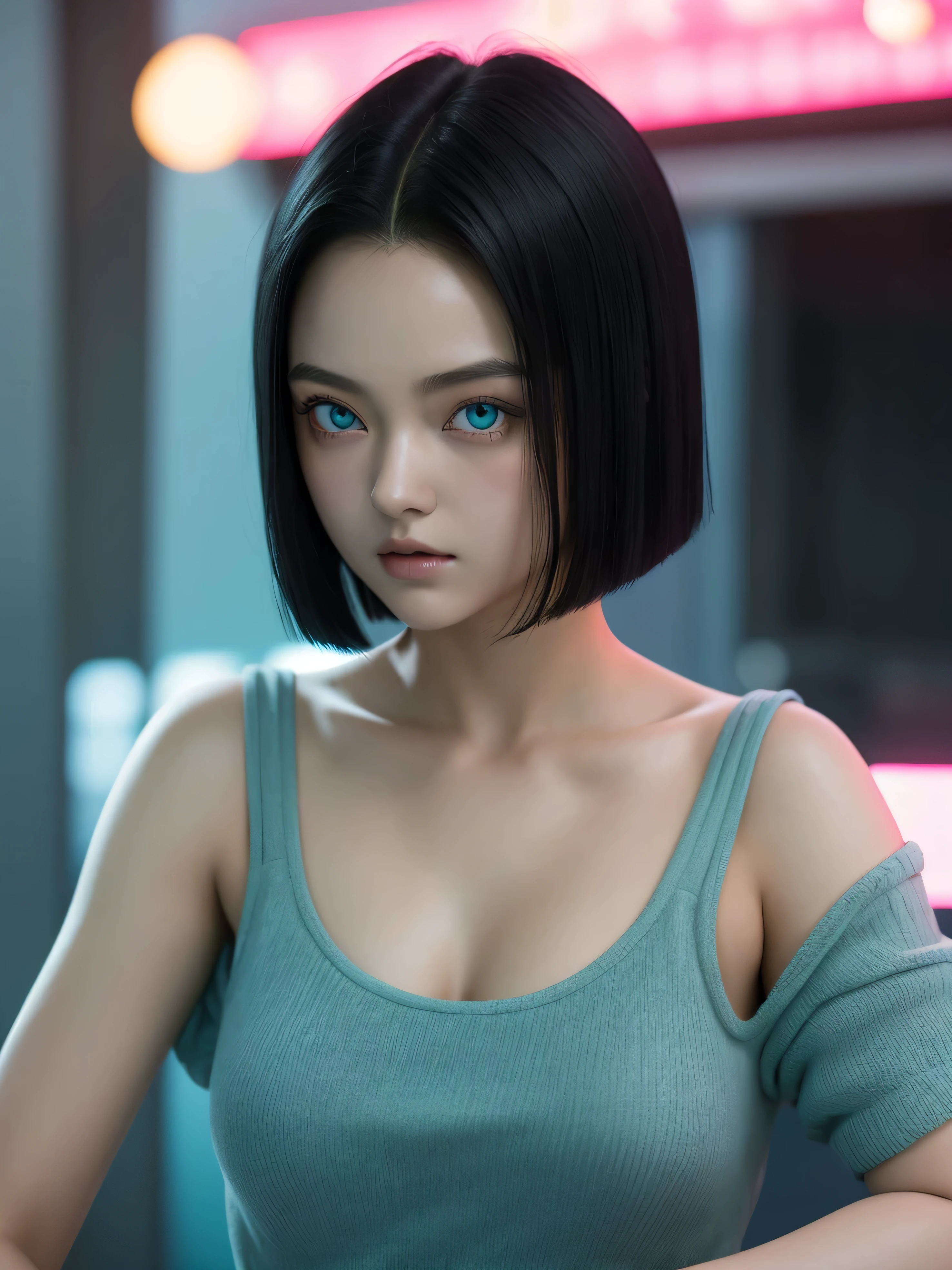 An exquisite masterpiece of top quality and high resolution featuring Marnie. Big sleepy eyes, Aqua eyes、Glowing under the dim light. black short hair, only head and shoulders, magazine style, pink top, japanese girl, hyperrealistic. Android 17