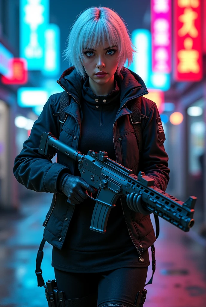 A girl with white short tomboyish hair and green eyes. She's wearing a transparent black top and black shorts, with a white oversized open blouse. She's holding a long lazer rifle.