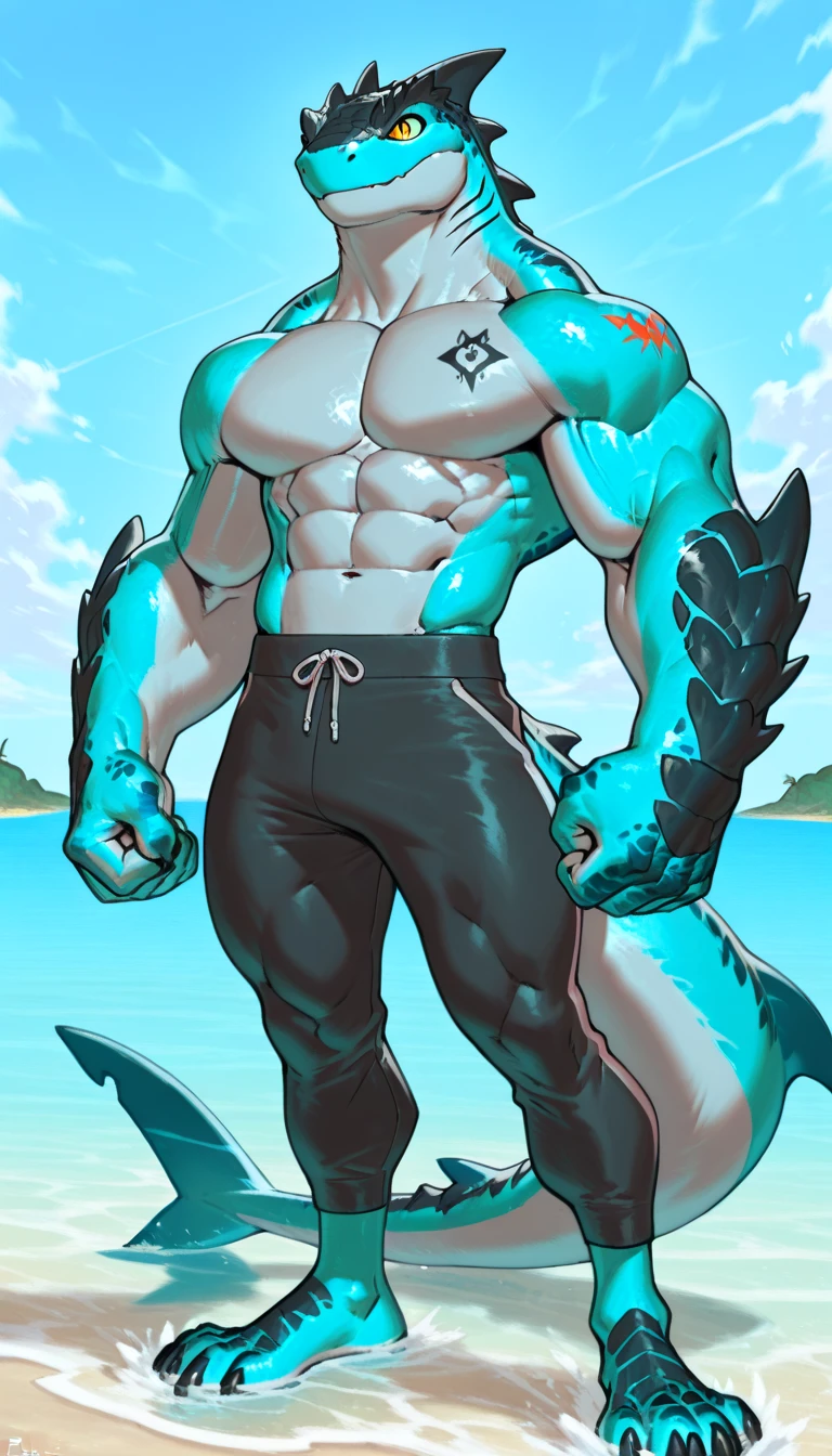 Green dragon, solo, male, muscular body, sexually alluring, high-quality representation, wearing a fitted Speedo that hugs his form, revealing an impressive bulge, situated on a secluded beach with waves crashing in the distance, by chunie. NSFW. A seductive grin adorns his skull head, adding a tantalizing allure to his ominous presence. The sun sets behind him, casting long, dramatic shadows that accentuate every ripple and muscle in his muscular frame. The scales on his body are intricately rendered, shimmering in the light with vivid, intense colors. The water in the background is detailed with dynamic reflections, creating a l