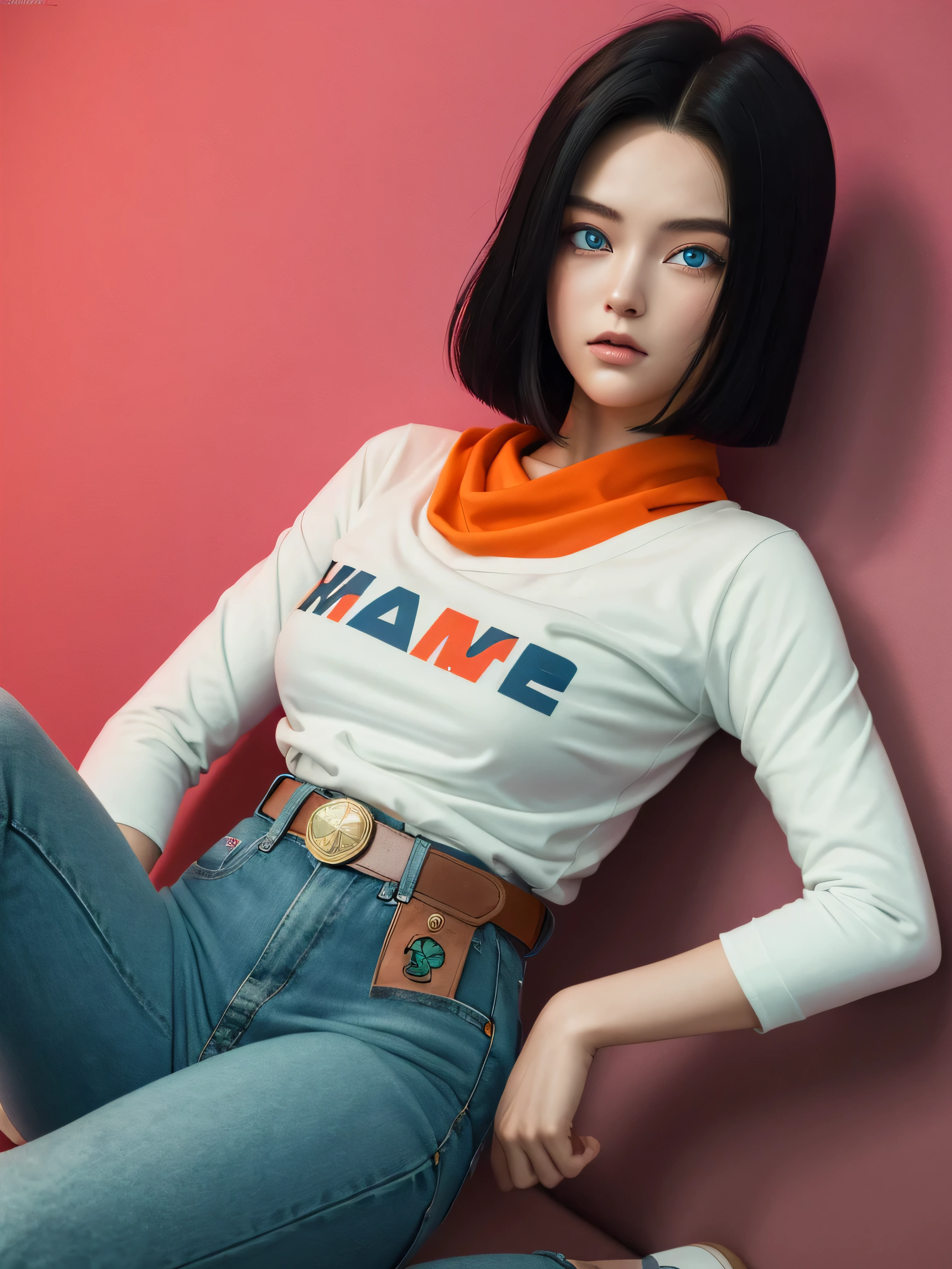 An exquisite masterpiece of top quality and high resolution featuring Marnie. Big sleepy eyes, Aqua eyes、Glowing under the dim light. black short hair, only head and shoulders, magazine style, pink top, japanese girl, hyperrealistic. Android 17
android 17, blue eyes, black hair,parted hair,short hair, black shirt, jeans, layered shirt, white sleeves,orange bandana, blue sneakers, green socks, brown belt, red patch, solo, medium breast