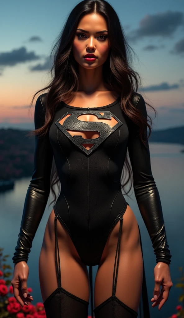 The fusion of Morticia and Supergirl results in a heroine with striking Supergirl traits. Your uniform is sexy and modern, em tons escuros e com o "s" em vermelho brilhante em seu peito. Ela possui Supergirl'Ela'Ela'ela'It's strength and determination, combined with a touch of mystery and sensuality. His body is slender and athletic, reflecting his incredible physical ability. She radiates confidence and power, ready to face any challenge with grace and courage. This fusion is the embodiment of beauty, strength and bravery, ready to protect the world with your imposing presence. Linda,sexy,super menina,Cripto, "s" No peito, Pernas lindas,amante,atraente "s" make superman, in a post-apocalyptic scenario,destruction, TWD, Villain,highes definition, 8k
