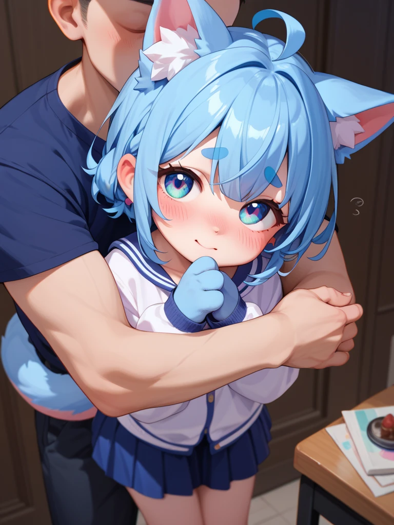 1 girl, , UHD, retina, masterpiece, Accurate, anatomically correct, rough skin, Super detailed, advanced details, high quality, Award history, 最high quality, High resolution, hd, 4k,(anime,8K,masterpiece, 最high quality, 最high quality,beautiful and aesthetic:1.2,professional illustration:1.1,Super detailed:1.3,perfect lighting),very detailed,most detailed,High resolution,cute pose,embarrassing,light blue hair,classroom,(wear uniform inside:1.5),(school uniform:1.5),black hoodie,(Hoodie with cat ear hood:1.5),(open clothes:1.5),1 boy, fellatio, (penis:1.5),fellatio,saliva,irrumatio,(tears:1.3),Sticking out tongue,(headpat:1.5)
