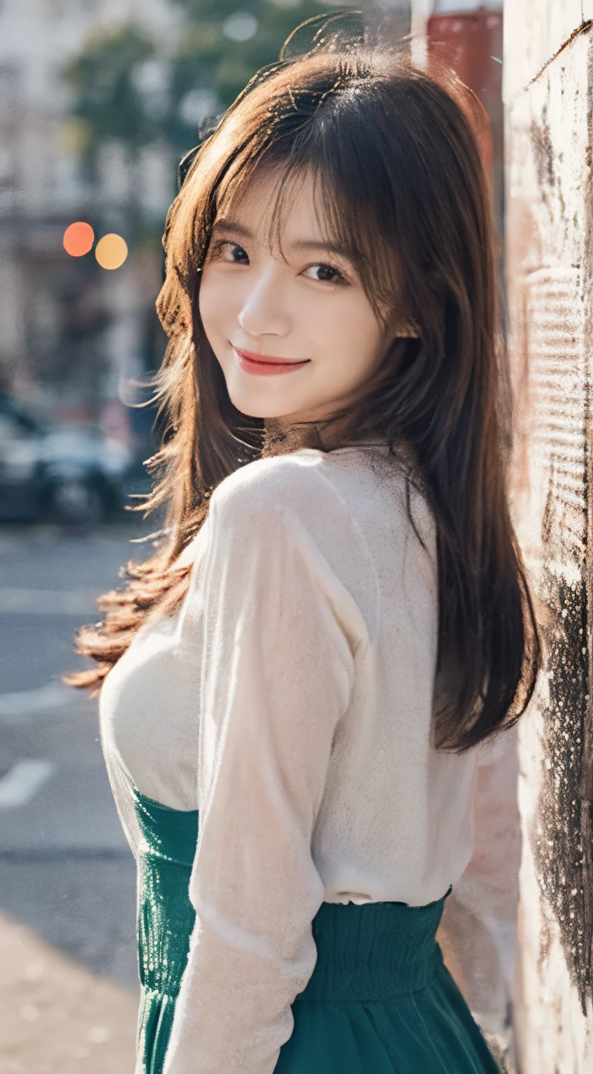 ((Highest quality)), ((masterpiece)), (detailed), ((Highest quality))、8k、High resolution、Perfect Face, Japanese、2、female、((Hotel terrace))、Blue sky in the background、High floors、Basking in the wind、((Hair swaying in the wind))、((White see-through shirt))、Looking at distant scenery、Cleavage、smile、