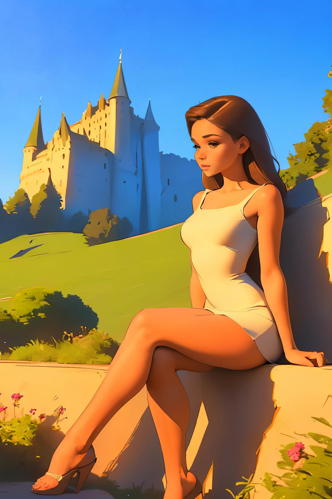 A woman, ((((sitting)))):1.7 ((dressed in a sexy white mini micro dress)):1.4, brown long hair, (((Full body drawing))):1.5, curvy, ((long legs)),(((long body))):1.6,((perfekt eyes))):1.5,((softly rounded)):1.6, (small breast):1.9, (((wide hips))):1.7, ((Chubby hips)):1.7, (small waist):1.7,(small torso):1.8, (((rounded legs))):1.7, ((a castle in the Background)):1.7, ((in broad daylight)):1.8,