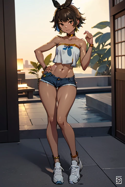 tmasterpiece,The lump got smaller,1 boy,Short hair boy hairstyle,high-heels,superwoman look,on a rooftop,Show a fuller figure,beautiful make up,Bright lipstick,Impeccably clean,The expression very happy,flatchest,Good picture quality,(bronze skin:1.3),(((oilly skin))),big earrings,