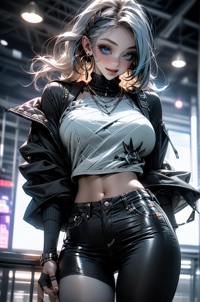 Cyberpunk edgerunners, 1 Girl, Lucy (Cyberpunk), 裸Off-shoulder膀, blue eyes, breast, Tights, Looking at the audience, medium breast, Off-shoulder夹克, Off-shoulder, Red Eyeliner, short hair, sleeveless turtleneck Tights, Solitary, turtleneck Tights, White hair, ((masterpiece)) (best quality, masterpiece)