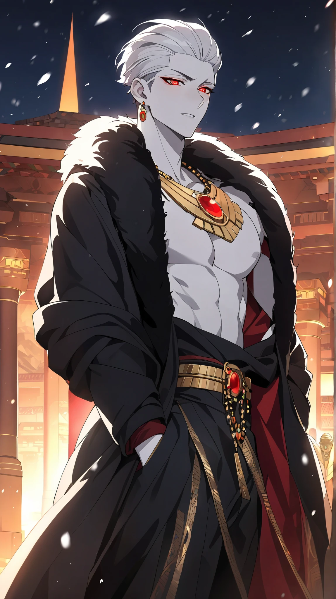 Pharoah, Adult, Handsome, pale white skin, skinny, short hair, slicked back hair, white hair. red Eyes, glowing eyes.
Egyptian robes, Black tobes, fur robes, winter Robes, Black Gold Pants, Black pants, velvet Egyptian pants. Black blanket, black Fur blanket. Wears a gold chained glowing Ruby circular Egyptian amulet. Has gold rings. Long ruby earings.
Anime Style. Grinnining. Walking. an blushing
Close up,
Masterpiece, High Resolution, Accurate, Anatomically Correct, Detail, HD, High Quality, Quality, Super Detailed, Anime, Anime, Anime, Solo.
. Temple background red glow. Snowing .