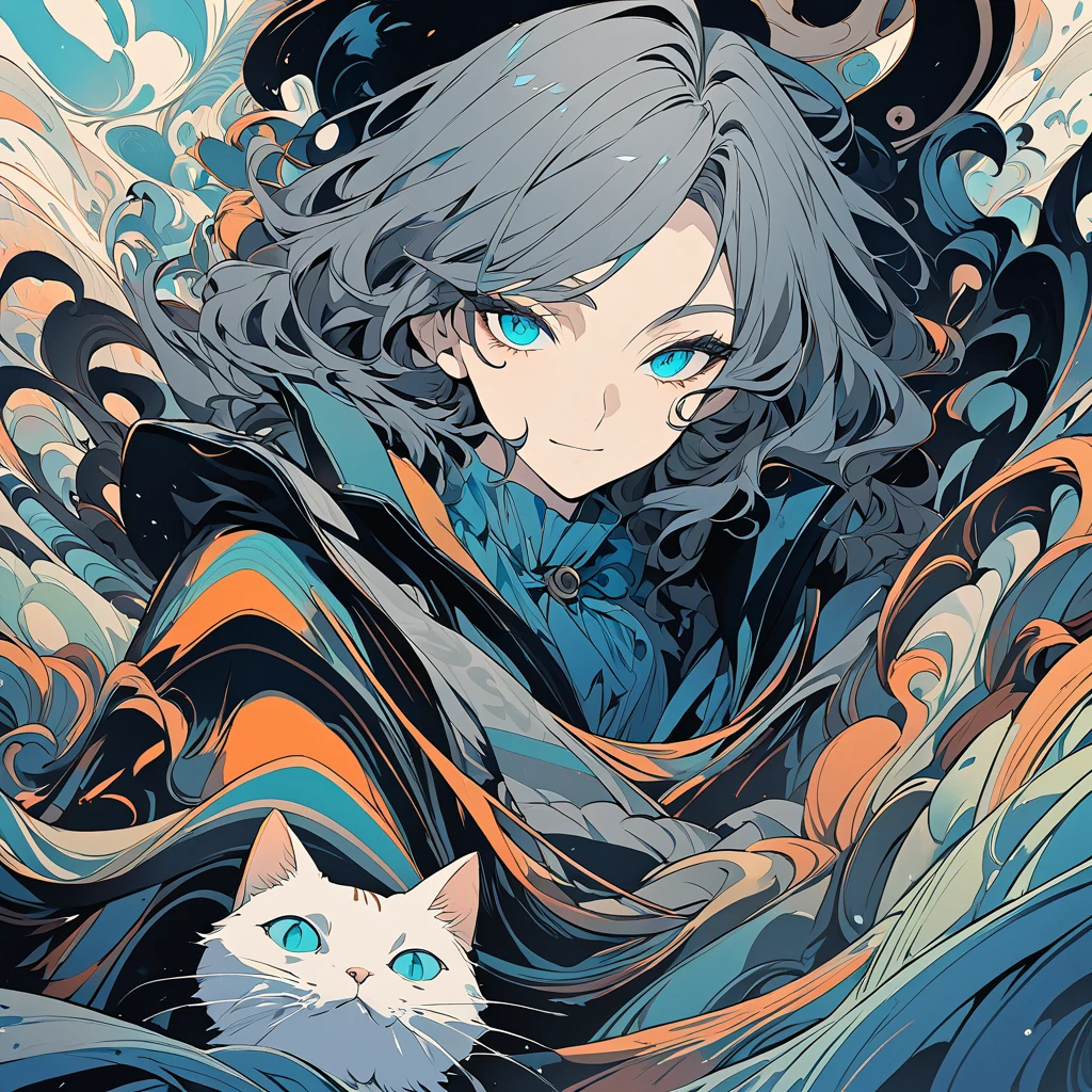 He must have an enigmatic look , with a wide, floating smile that refers to the original cat. the skin must be pale, almost ethereal, and the untidy hair , with stripes in shades of blue and gray , reminiscent of the Cheshire coat from the movie . Your eyes must be large , hypnotic and shiny , with a touch of mystery and bright colors , like blue-green . His clothes must have a color palette in shades of blue, gray and black. He is in a surreal and magical setting , with bluish mist . Artistic Style : smooth and detailed lines .