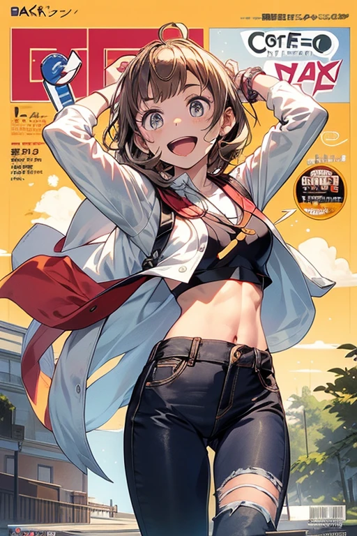 android, beautiful robot. Her curly short black hair is very short like army man, big smile, middle age, joint seam, black eyes, full body figure, Height: 160cm, She wears only micro mini pantie, show pantie, Uplifting, 21th century japan animation, she wares metal flame glasses.
