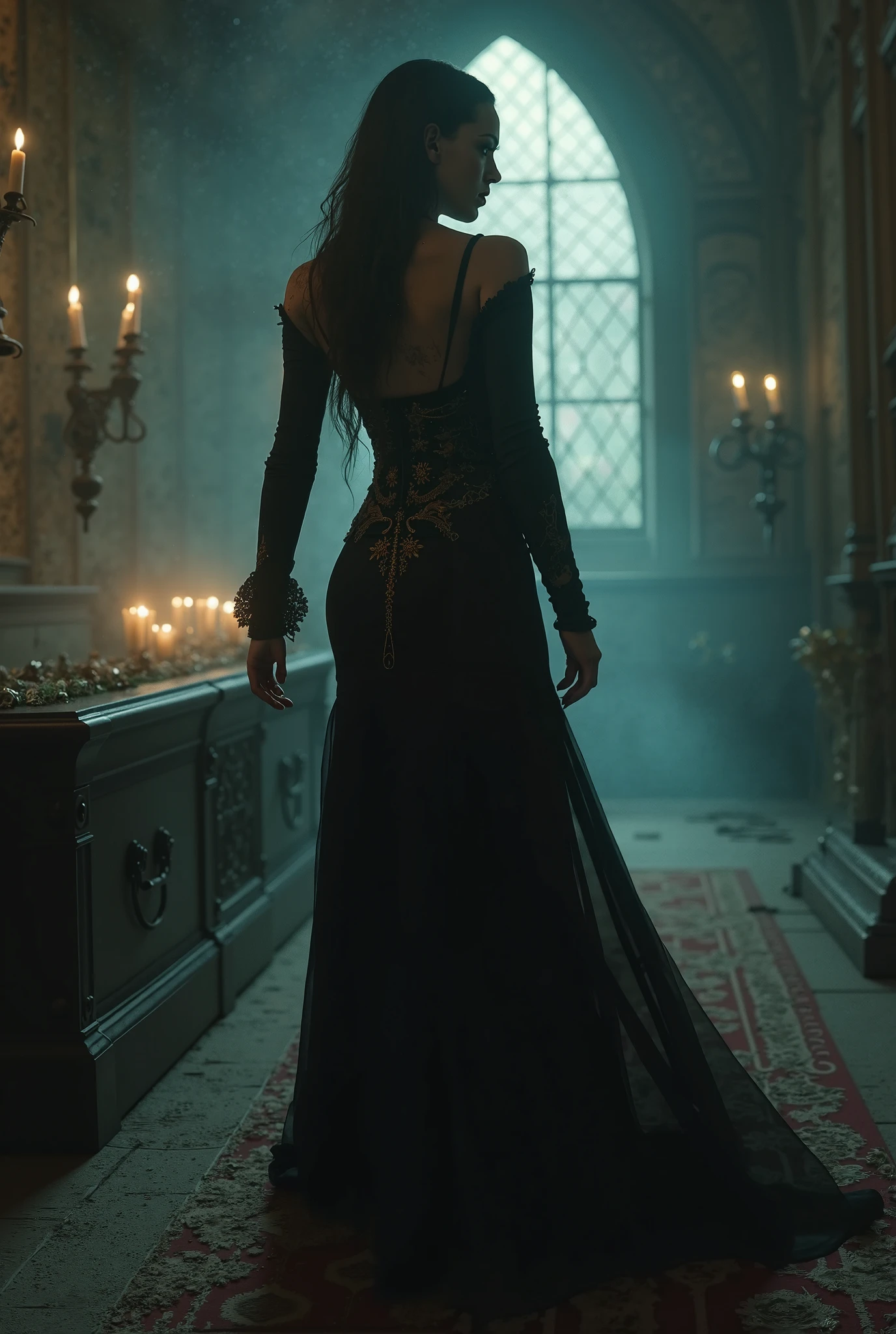 ((masterpiece, Highest quality, Best image quality, High resolution, Realistic, RAW Photos, 8k)), ((Highly detailed CG synthesis 8k wallpaper)), (Huge and stunning god shot, Perfect Proportions, Beautiful female body, slim body beauty:1.4), a Beautiful woman as a vampire hunter, gothic hall interior, cobwebs and a large vampire coffin, nineteenth century clothing, transformation.