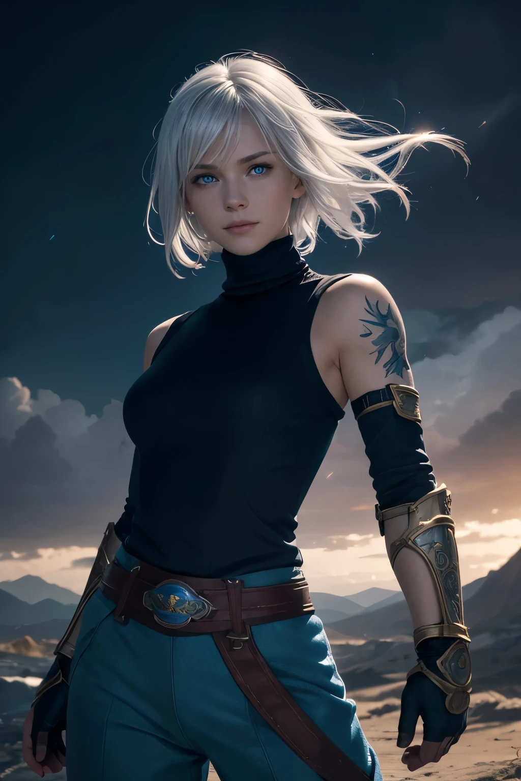 1girl, jewelry, bracelet, day, solo, cloud, horizon, long_hair, outdoors, looking_at_viewer, the best quality, masterpiece, short hair, white hair,<lora:Riven:1>, bikini, cleavage, side-tie_bikini,ocean , beach
