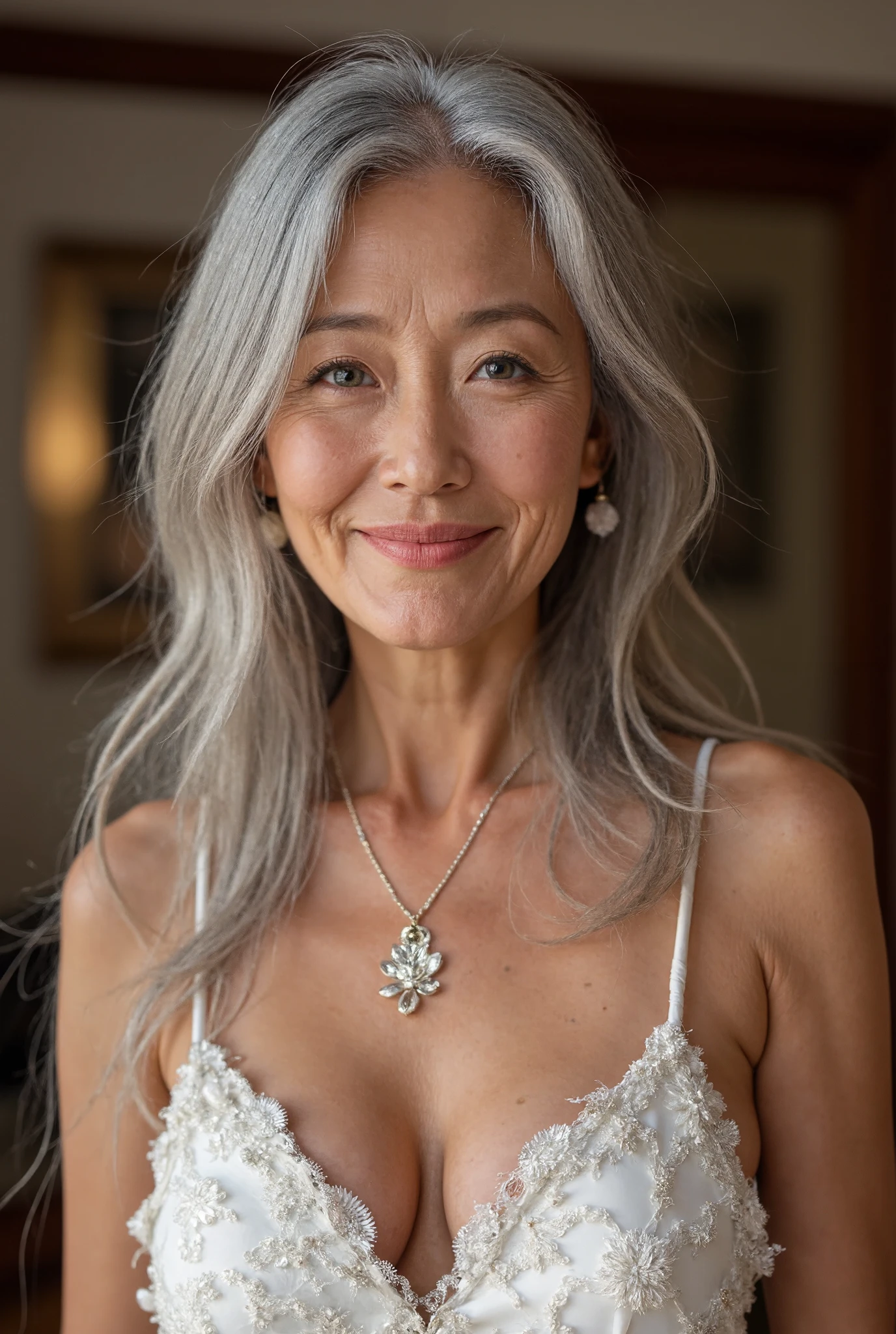 photorealistic across potty、 full body image 、70 years old、 Japanese、Beautiful old woman、 Charismatic Old Mrs. Universe Champion 、 with a thin and poor body、Long gray hair that reaches the damaged floor 、Heavy makeup、 small wrinkles and freckles and moles on the skin 、Wedding Rings、Happy smile、Pure white, revealing and obscene super mini Mrs. Universe dress、 high pin heel 、 Glorious Mrs. Universe Stage Illuminated by the Dazzling Sun
