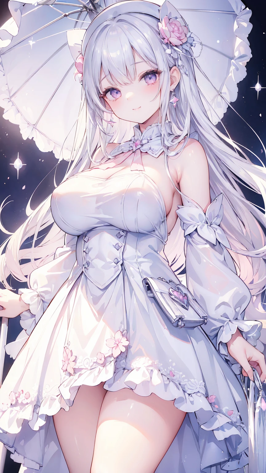 女の子1人、white ribbon dress、、Too large breasts、cleavage of the breast、fluffy and soft long white hair、Large ribbon、ribbon brooch、Sparkling eyes、ribbons are scattered、ribbon princess、white colors、sparkly lace cape、Lace veil、A smile、Navel Ejection、Pale pastel colors