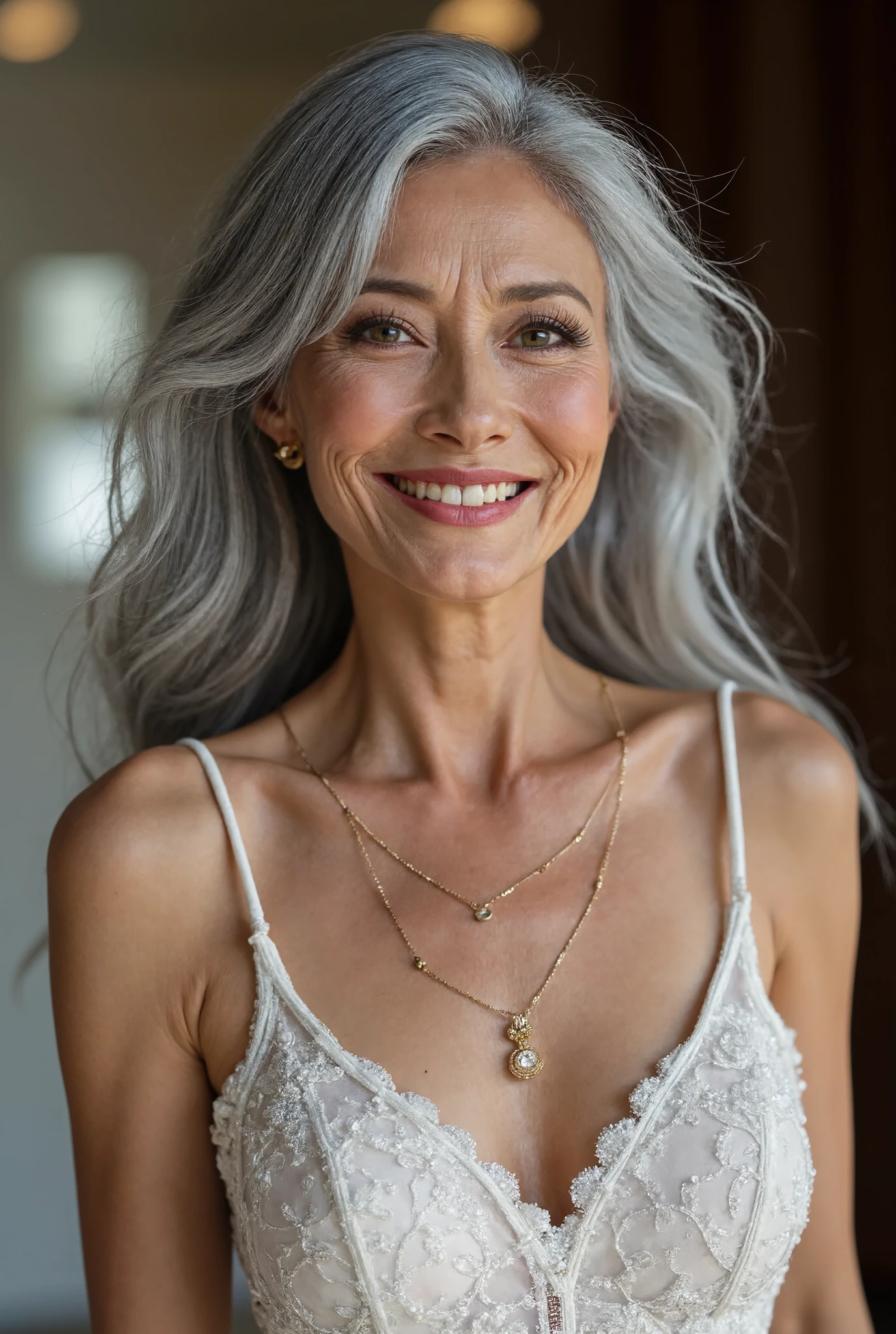  photorealistic across potty、 full body image 、70 years old、 Japanese、Beautiful old woman、 Charismatic Old Mrs. Universe Champion 、 with a thin and poor body、Long gray hair that reaches the damaged floor 、Heavy makeup、 small wrinkles and freckles and moles on the skin 、Wedding Rings、Happy smile、Pure white, revealing and obscene super mini Mrs. Universe dress、 high pin heel 、 Glorious Mrs. Universe Stage Illuminated by the Dazzling Sun