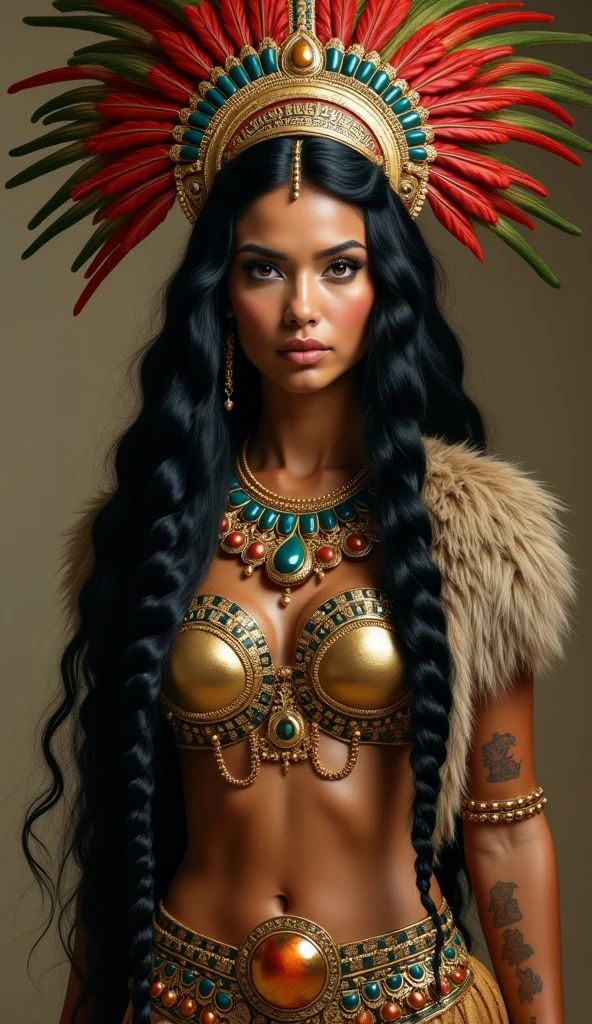 She is a goddess of unparalleled beauty and ferocity, her presence commanding awe and submission. Her thick, jet-black hair is braided with vibrant feathers of red, green, and gold, cascading down her back like a waterfall of shadow and light. Her dark, almond-shaped eyes are fierce and , glowing with a divine fire.
Her smooth, bronzed skin shimmers under the sun, her high cheekbones and full lips forming a visage of both seduction and dread. Her physique is powerful and alluring, her strong arms and legs adorned with ceremonial tattoos that tell tales of conquest and sacrifice.
Clothing Style: As a goddess of war in the Aztec Empire, she wears a jaguar pelt over her shoulders, the spotted fur a symbol of her deadly prowess. Her is protected by a golden breastplate adorned with turquoise and obsidian, while a skirt of intricate, feathered designs hangs low on her . A wide belt of gold and jade cinches her waist, displaying glyphs of power and triumph.
Her headdress is a magnificent creation of feathers and precious stones, towering above her head like the sun’s rays, emphasizing her divine authority.
Expression and Presence: Her expression is one of unyielding dominance, her gaze sharp and challenging. Her beauty is both mesmerizing and terrifying, a perfect embodiment of creation and destruction. She is a goddess of war, the beating heart of power and danger.