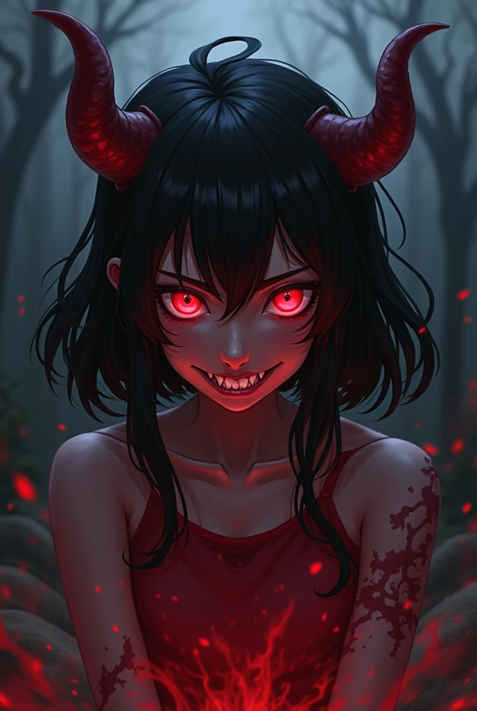 wet woman demon, smile with sharp teeth, long shadows on his face, eyes that shine yellow, short hair, black claw, nude, sexy pose, black and red patterned background, detail richness, masterpiece, best quality