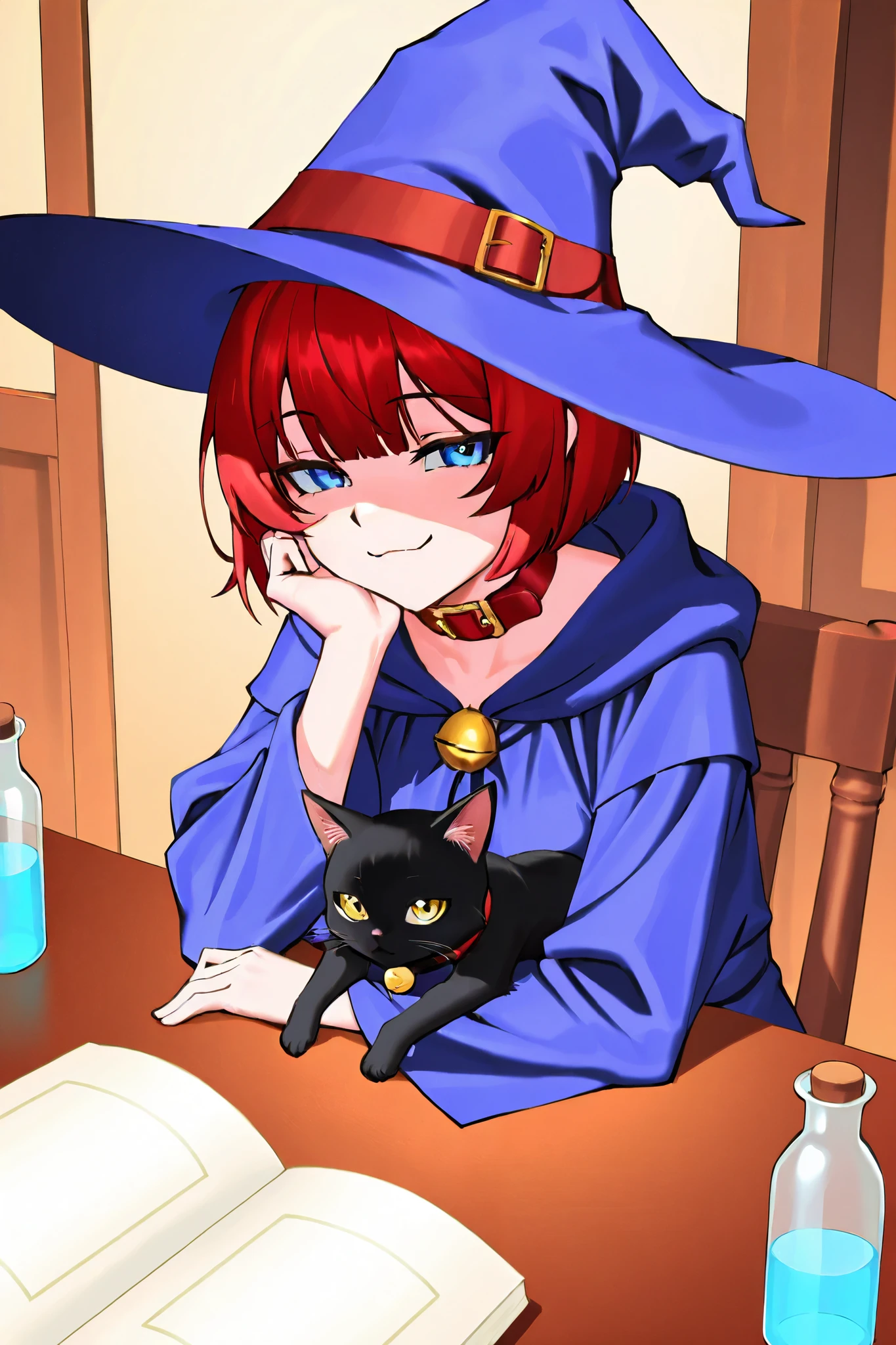  1girl  、((smile))、blue eyes,(( focus on women ))、1cat,high-angle view、A witch and a cat on a traveling peddling trip, A woman with her luggage,,((A cat with a collar)) 、Black cat with a red collar、 fantasy world、Traveller's Look 、 Peddler Witch、 Witch's Robe 、belt、Woman walking、Nature's Path ,Red Hair、blue eyes、 black miniskirt 、hat、 bob cut、blue eyes, BLUEIRIS,stable_Yogis_Animetoon _Negatives
stable_Yogis_Animetoon _Negatives-neg