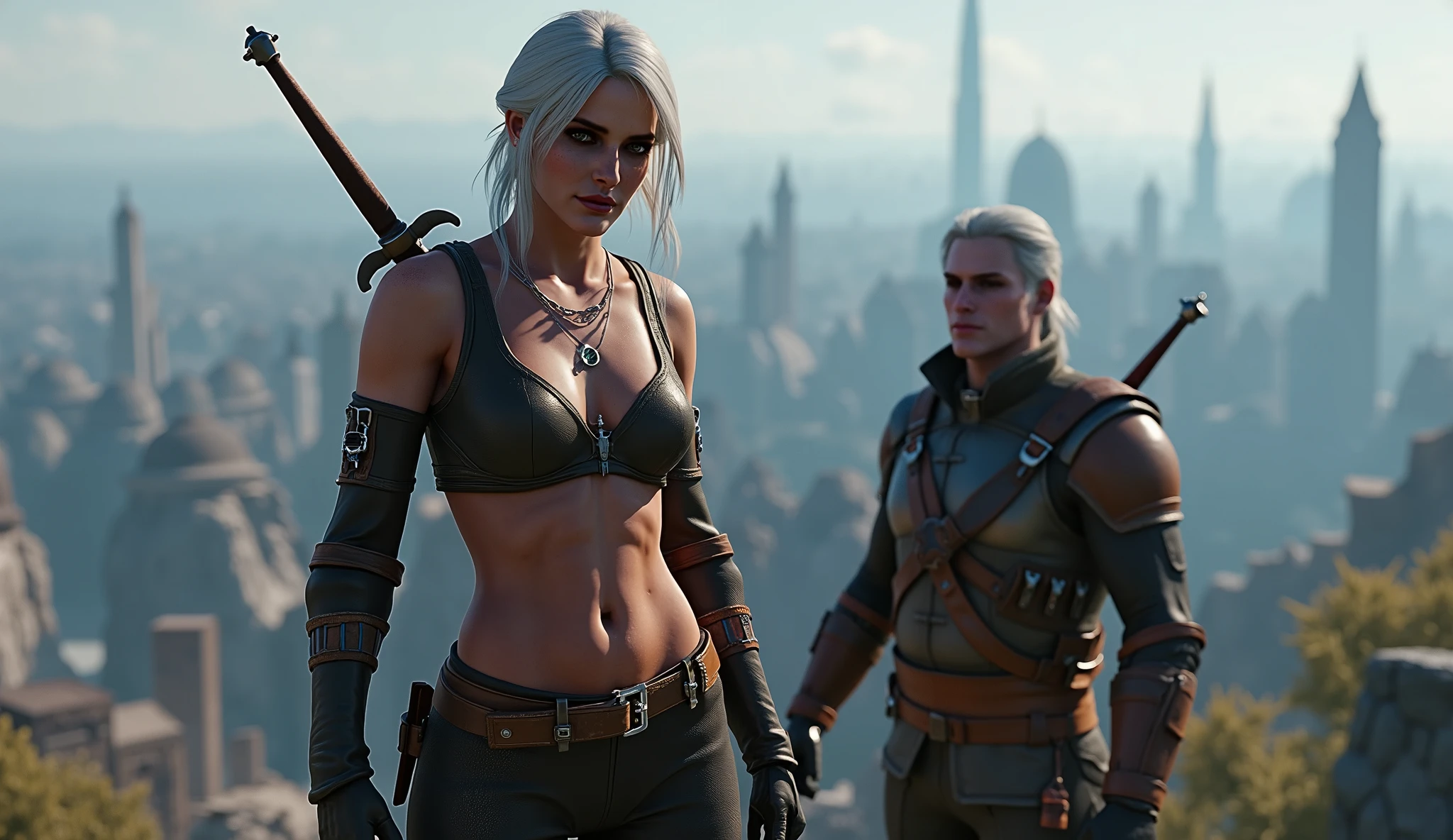   realistic photo,   Ciri from The Witcher 3 smiles slyly    , very high (the giantess),  long strong legs   ,      big breasts     ,   sexy cyber punk clothes   ,   athletic build , two swords behind    ,     full-length photo    ,  holds miniature Geralt with The Witcher 3 at arm's length ,  in the distance, the city of Night City with Cyberpunk 2077 in the background  ,     Photo in great detail     . 