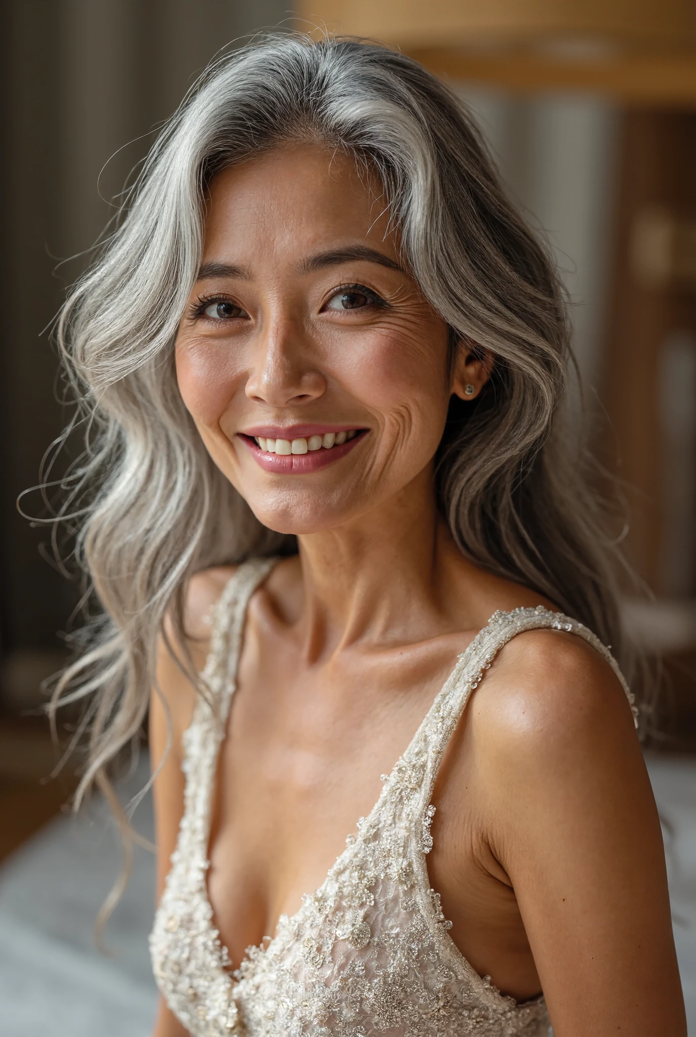 photorealistic across potty、 full body image 、70 years old、 Japanese、Beautiful old woman、 Charismatic Old Mrs. Universe Champion 、 with a thin and poor body、Long gray hair that reaches the damaged floor 、Heavy makeup、 small wrinkles and freckles and moles on the skin 、Wedding Rings、Happy smile、Pure white, revealing and obscene super mini Mrs. Universe dress、 high pin heel 、 Glorious Mrs. Universe Stage Illuminated by the Dazzling Sun
