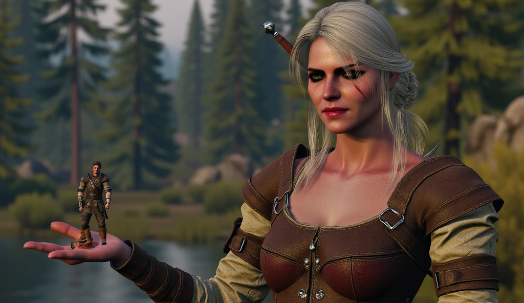 A PHOTO OF A SKS WOMAN WITH WHITE HAIR, readying her sword for combat