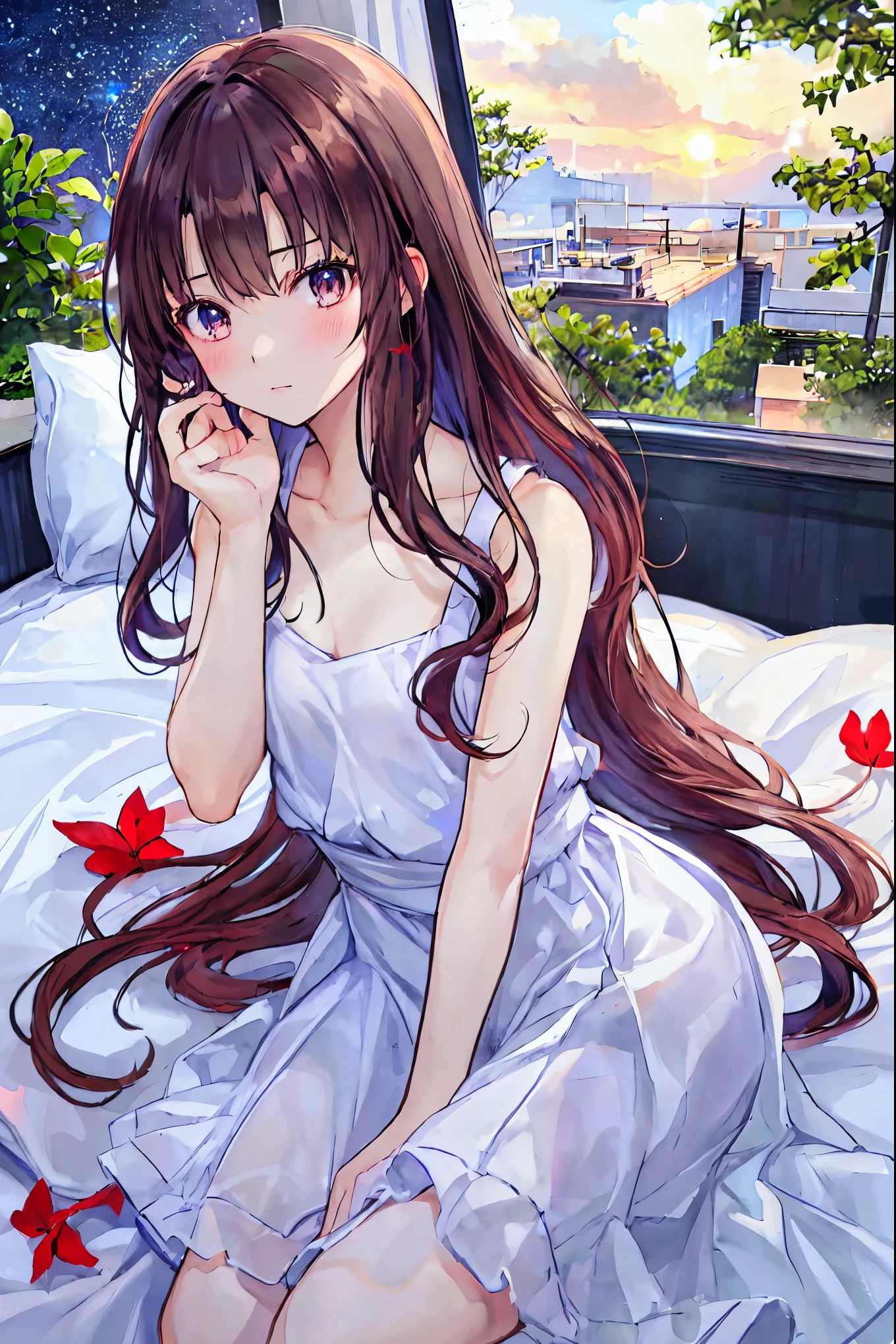 Anime girl sitting on a bed with a white dress and red flowers - SeaArt AI