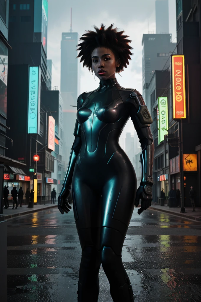 8k, ARTISTIC photography, best quality, masterpiece: 1.2), (realistic, photorealistic: 1.37`Movie still from johnny mnemonic movie directed by (Robert Longo), (cyber punk Corporate Executive, Black Girl, wearing futuristic one-eyed glasses ), beautiful face, ebony woman ((janelle monae)), over-detailed face, (((big open eyes))), beautiful body, voluptuous, perky breast (( dressed in a Futuristic minimalist couture business dress )), (((over-detailed clothing))), (((the color of the clothes is white))), posing, in a shanty town street as background, ,