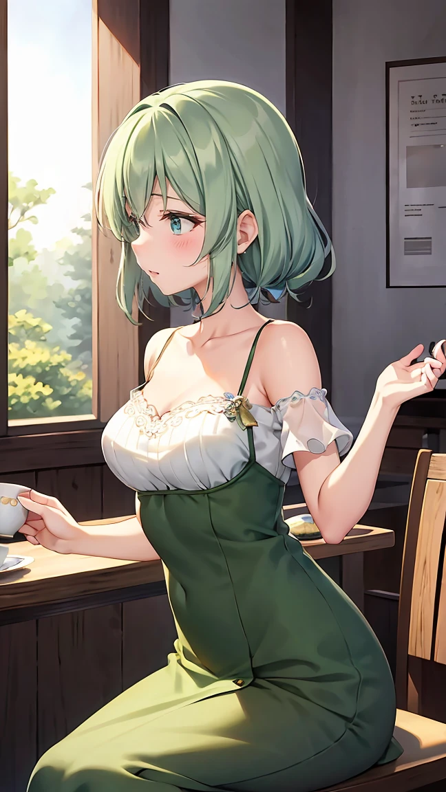Shoulder-length green hair, Small size breasts, Small breasts、Green Eyes, 、(((Ladylike))),The whole body from head to toe、Feminine clothing、、smile、((profile))、、Elegant、、Well-groomed appearance、、beautiful、Afternoon tea、Stylish cafes in the city、、Take a seat at the counter、、Thinking deeply、Tying up your hair、Reading