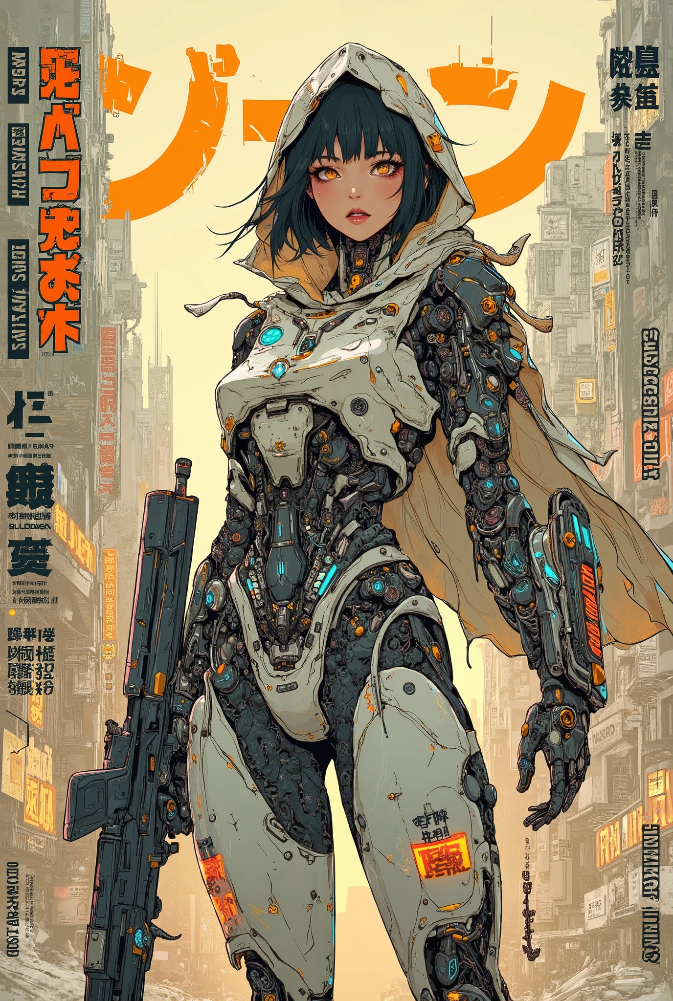 ((anime art style (((magazine cover))) illustration) of (perfect Asian cyborg girl wearing a extremely intricate cybernetic plug suit and holding a rifle))、((Japanese text)), (Machine Body), ((LED lights)), ((wearing a ragged hooded cloak over the plugsuit)), (((dynamic pose))), warm colours, perfect features, abstract beauty, near perfection, pure form, concept art, intricate detail, 8k post-production, High resolution, super Detail, trending on ArtStation, sharp focus, black very short hair, Cinematic Style,Cinematic Lighting, ((standing in ruined city))、A strong wind is blowing、cyber punk、nsfw:1.2、((Exposed internal machinery))、((Machine arms and legs))、Beautiful fashion model、Cute Japanese Girl, (mouth slightly open)