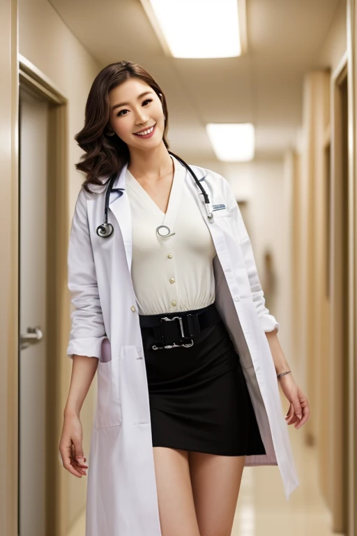 ((((Perfect ???????, Very detailed肌)))), 1 girl, (Female doctor:2.0), White skin, Glowing Skin, Large Breasts:1.0, Observe your audience, (A radiant smile:1.5), Beautiful attention to detail, (Long Hair:1.1, Half Up:1.5), Black Hair, Brown eyes, Pink Lips, Mole under the eye, (Big White Coat:1.5,mini skirt), (Black legwear, zettai ryouiki), (Beautiful views), Daytime, , ((In the examination room of the hospital, Modern)), Sitting cross-legged, (8k, Highest quality, Masterpiece, Very detailed, ), (Realistic), shape, Cinema Lighting