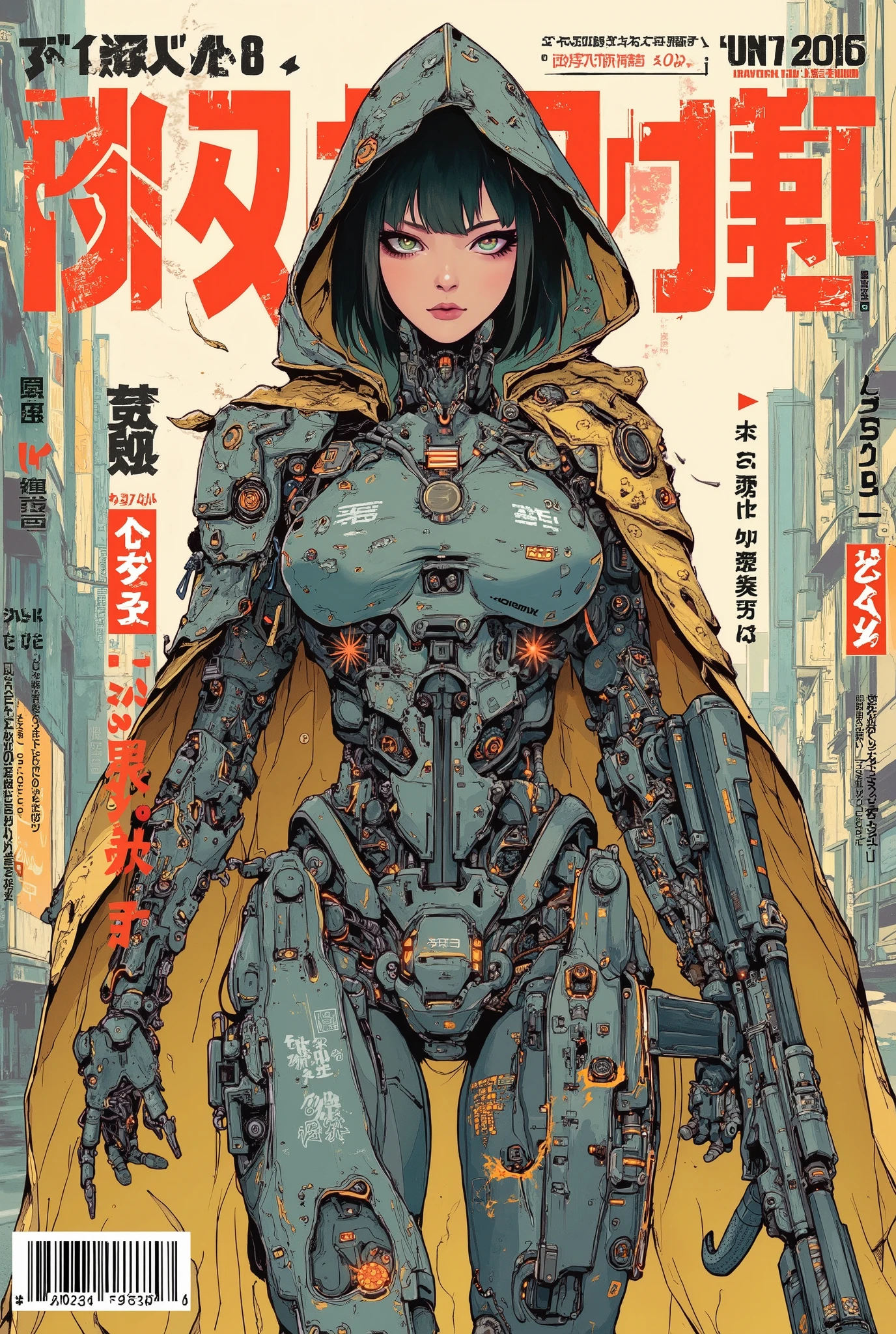 ((anime art style (((magazine cover))) illustration) of (perfect Asian cyborg girl wearing a extremely intricate cybernetic plug suit and holding a rifle))、((Japanese text)), (Machine Body), ((LED lights)), ((wearing a ragged hooded cloak over the plugsuit)), (((dynamic pose))), warm colours, perfect features, abstract beauty, near perfection, pure form, concept art, intricate detail, 8k post-production, High resolution, super Detail, trending on ArtStation, sharp focus, black very short hair, Cinematic Style,Cinematic Lighting, ((standing in ruined city))、A strong wind is blowing、cyber punk、nsfw:1.2、((Exposed internal machinery))、((Machine arms and legs))、Beautiful fashion model、Cute Japanese Girl, (mouth slightly open)