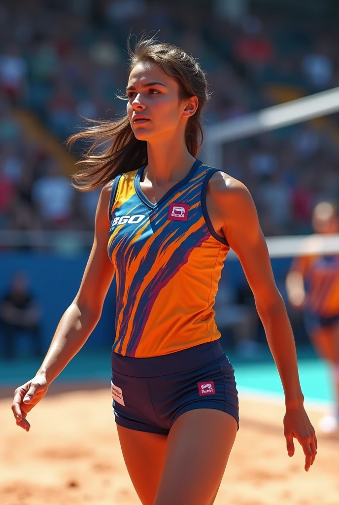 Make a picture of a realistic 20 year old Chilean girl, who wears a volleyball uniform with a light blue short-sleeved T-shirt, that towards the center of the shirt degrades to royal blue and keeps the sleeves and end of the light blue shirt; with black shorts (similar to shorts), with short ( from elbow to wrist) white from the elbow with a gradient to the wrist in royal blue, and white knee pads please