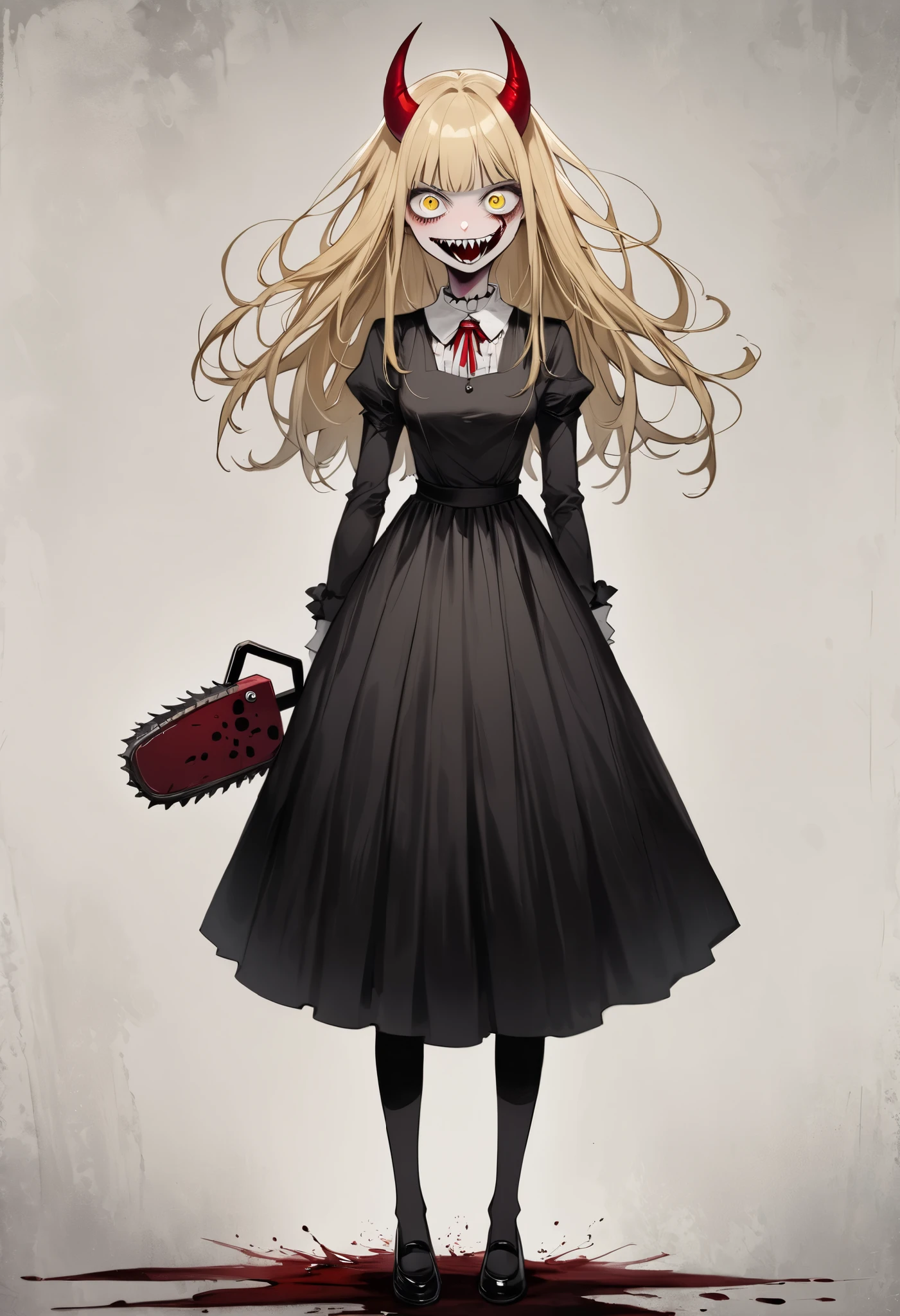 high resolution picture, masterpiece, best quality, amazing quality, Chainsaw-man, solo, 1girl, Power, blood devil, yellow eyes, blonde, long straight hair, red horns, sharp teeth, (Tim Burton style, Accurate, Dark, The textures are soft, matte and toy-like),