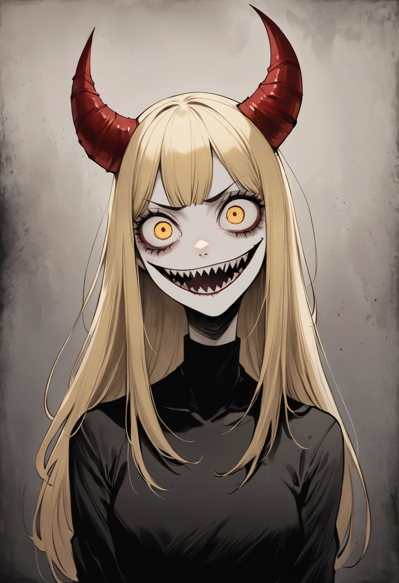 high resolution picture, masterpiece, best quality, amazing quality, Chainsaw-man, solo, 1girl, Power, blood devil, yellow eyes, blonde, long straight hair, red horns, sharp teeth, (Tim Burton style, Accurate, Dark, The textures are soft, matte and toy-like),