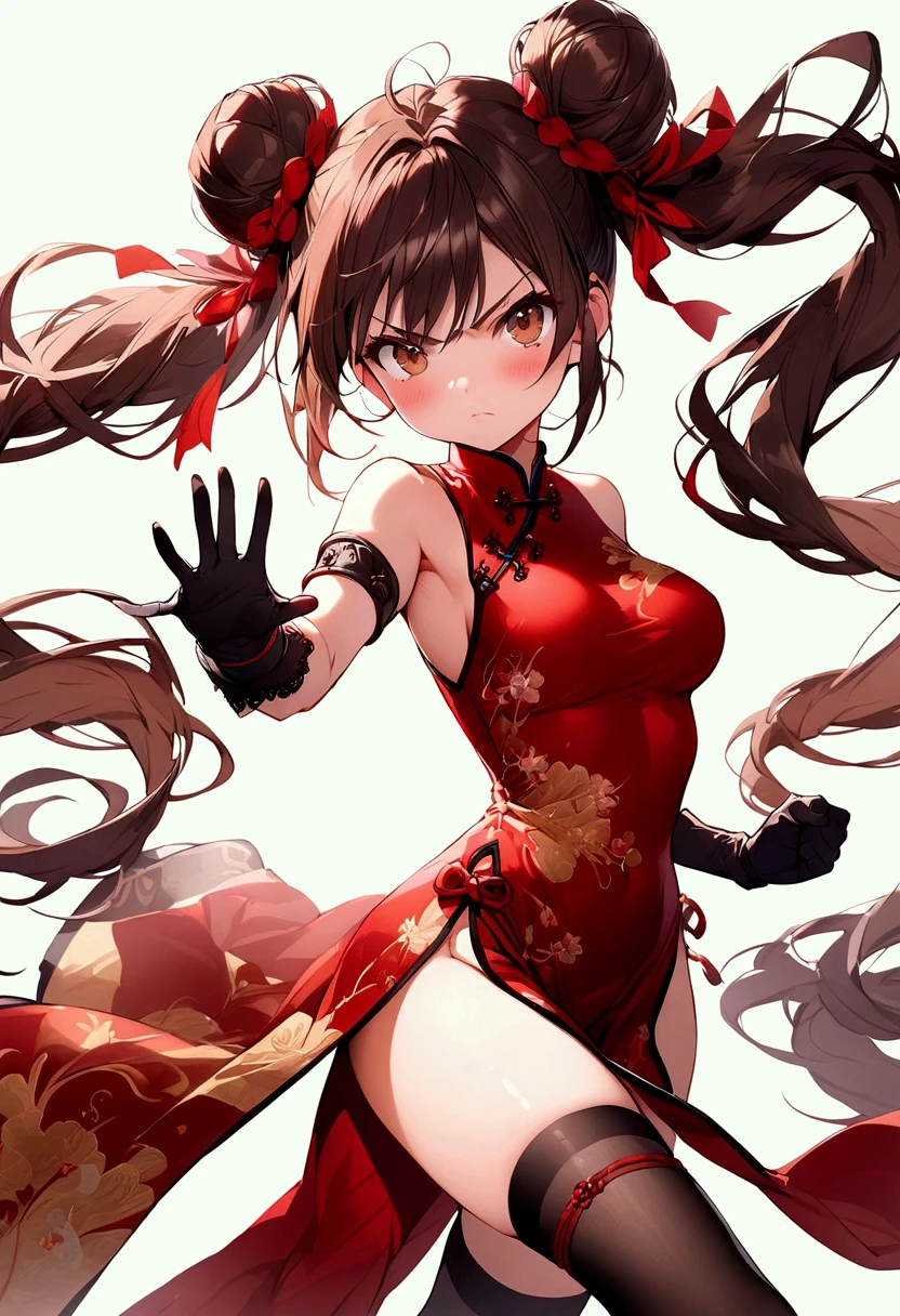 masterpiece, best quality, 1girl, solo, thighhighs, chinese-clothes, gloves, very-long-hair, dress, hair-bun, twintails, china-dress, red-dress, double-bun, black-thighhighs, brown-hair, brown-eyes, full-body, red-footwear, pelvic-curtain, looking-at-viewer, bandages, blush, standing, breasts, bangs, armlet, sleeveless, fighting-stance, sleeveless-dress, brown-gloves, bare-shoulders, v-shaped-eyebrows, bandaged-arm, side-slit, leg-up, medium-breasts, gradient-hair, boots, ankle-boots, floating-hair, closed-mouth, simple-background, hand-up, blunt-bangs, sash