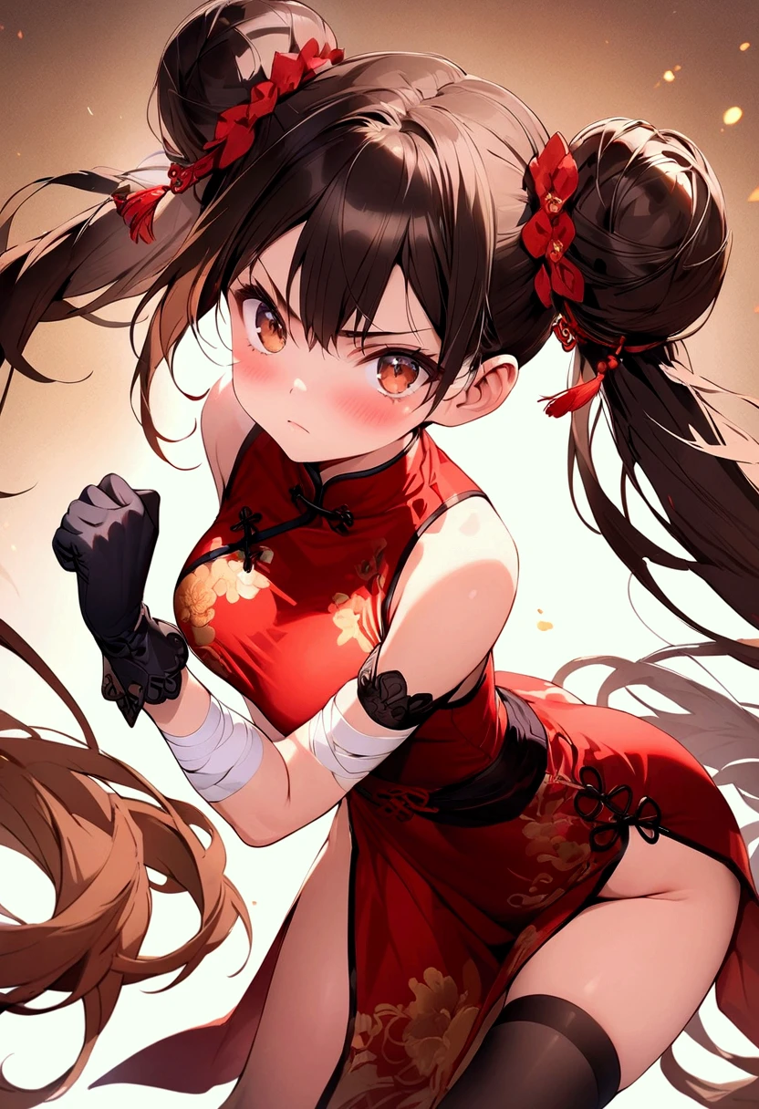 masterpiece, best quality, 1girl, solo, thighhighs, chinese-clothes, gloves, very-long-hair, dress, hair-bun, twintails, china-dress, red-dress, double-bun, black-thighhighs, brown-hair, brown-eyes, full-body, red-footwear, pelvic-curtain, looking-at-viewer, bandages, blush, standing, breasts, bangs, armlet, sleeveless, fighting-stance, sleeveless-dress, brown-gloves, bare-shoulders, v-shaped-eyebrows, bandaged-arm, side-slit, leg-up, medium-breasts, gradient-hair, boots, ankle-boots, floating-hair, closed-mouth, simple-background, hand-up, blunt-bangs, sash
