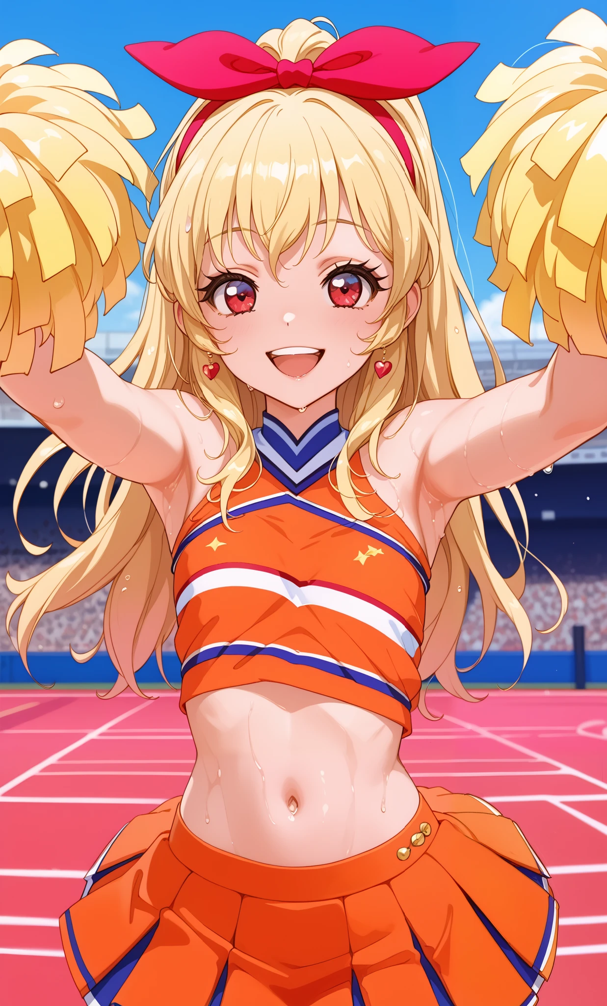 (Masterpiece, Top Quality, Super High Resolution), A Japanese Woman, (((Very Beautiful *********** Girl))), Cute Girl, Look at the Photographer, (()), very cute face, glossy lips, double eyelids, natural smile, natural makeup, long eyelashes, shiny and smooth hair, perfect limbs, perfect anatomy, (((shiny chia Leader uniform, cheerleader, cheerleader, tube top)))) Stadium,, wet with sweat, (((tube top)))((((open mouth smile, teeth)))),, hosimiya ichigo,Blonde,red eyes,(RED Ribbon on HAIRband:1.2)