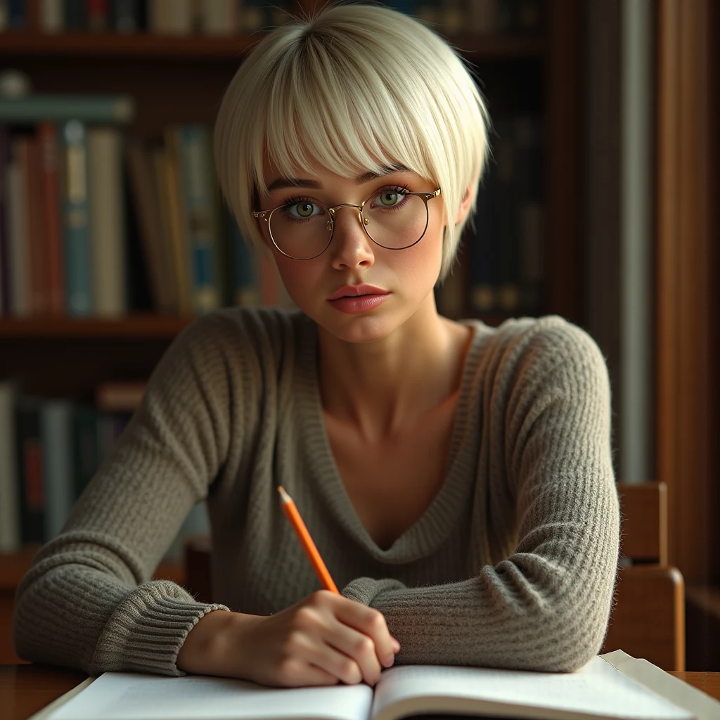 1girl, elegant bearing, small, slender build, short height, narrow shoulders, pale skin dotted by freckles, short platinum blonde hair, (((pixie cut hairstyle))), (((boyish hair))), (dark green eyes), silver glasses, cute facial features with an underlying elegance, thin lips, small breasts, youthful teen girl, RAW photo, ((slim body: 1)), (HQ skin: 1.4), 8k uhd, soft light, high quality, ((school uniform, white dress shirt, gold accents, (looking at viewer:1.4), classroom