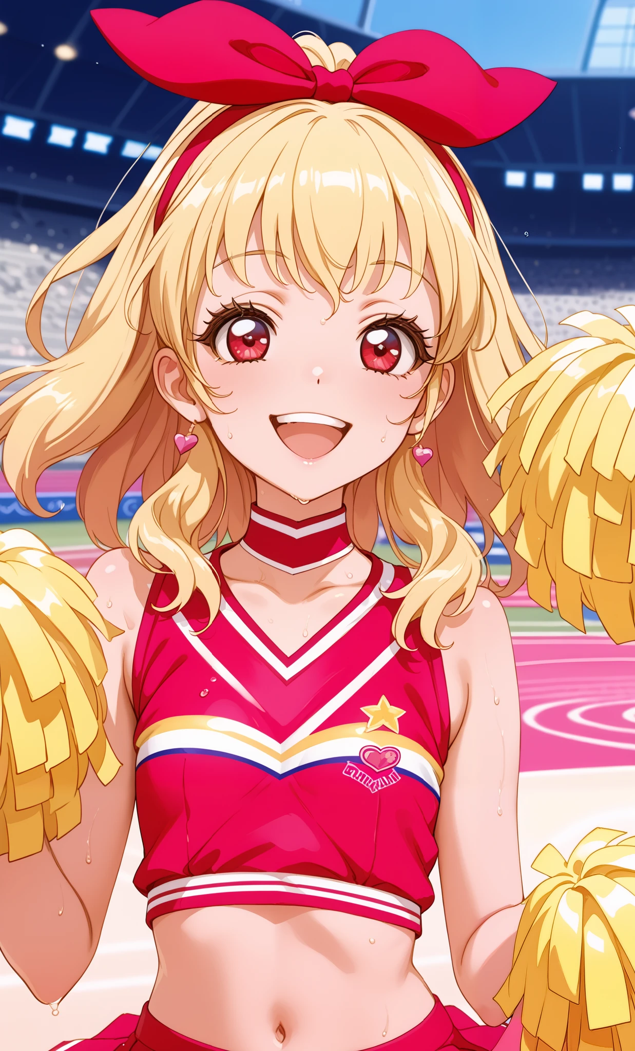 (Masterpiece, Top Quality, Super High Resolution), A Japanese Woman, (((Very Beautiful *********** Girl))), Cute Girl, Look at the Photographer, (()), very cute face, glossy lips, double eyelids, natural smile, natural makeup, long eyelashes, shiny and smooth hair, perfect limbs, perfect anatomy, (((shiny chia Leader uniform, cheerleader, cheerleader, tube top)))) Stadium,, wet with sweat, (((tube top)))((((open mouth smile, teeth)))),, hosimiya ichigo,Blonde,red eyes,(RED Ribbon on HAIRband:1.2)