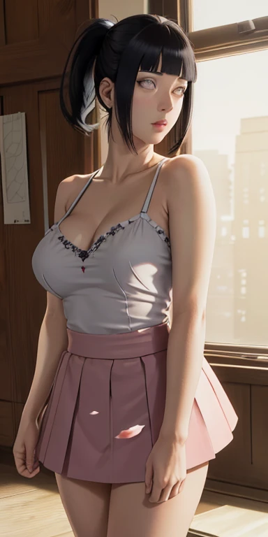 masterpiece, absurdres, hinata\(boruto\), 1girl, solo,mature female, spaghetti strap top, high waist mini skirt, looking at viewer, (falling petals), perfect composition, detailed lips, big breast, beautiful face, body propotion, blush, (pink lips), ponytail, purple eyes, soft gaze, super realistic, detailed, photoshoot, realistic face and body,
