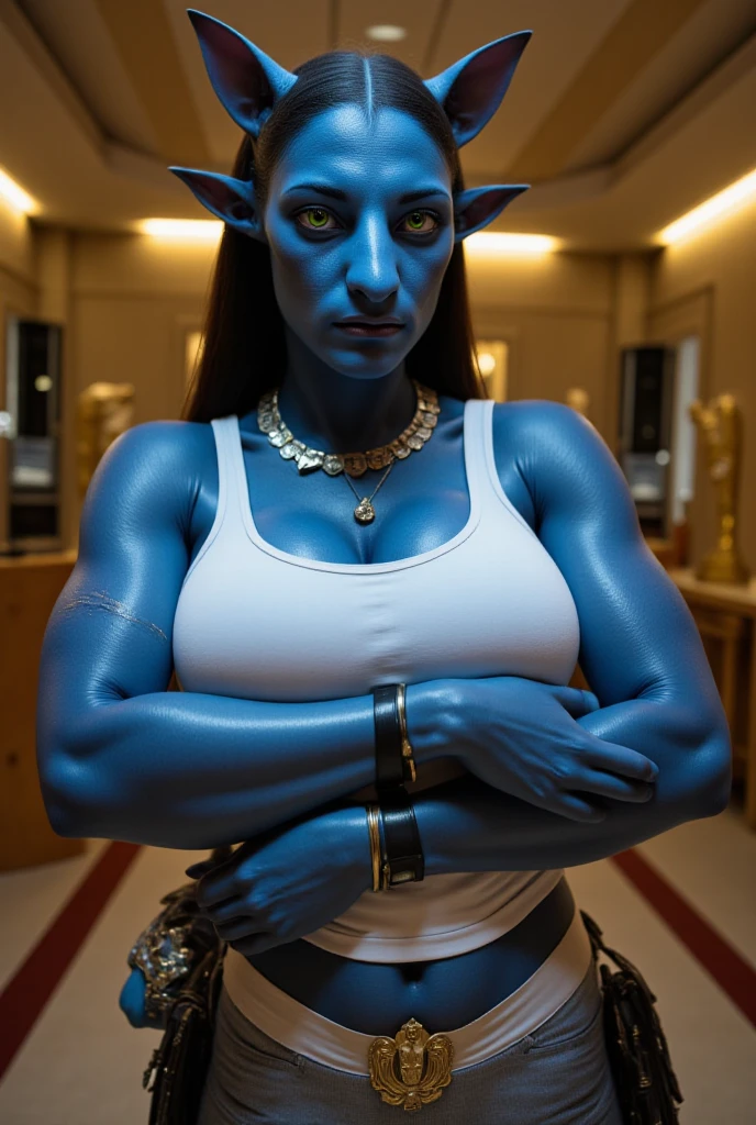 (masterpiece, best quality, high quality), RAW photo, (good body, good proportion, good anatomy, good fingers, good hands), detailed skin, detailed face, blue skin:1.2, pointy ears, Neytiri, avatar \(movie\), bracelet, yellow eyes:1.4, jewelry, portrait, (full orange prison jumpsuit, cleavage, depth of field photo of (sks woman:1), standing, handcuffed, silver handcuffs, courtroom, prison guards besides her