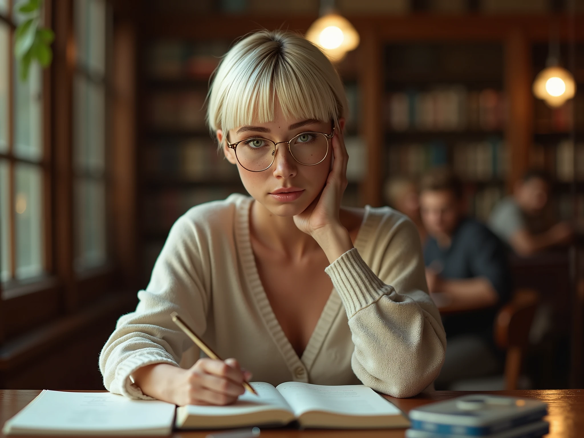 (sexy), ultrahigh resolution, great quality, 8k, photo and raw, best quality, masterpiece, hyperrealistic, incredible, photorealistic, extremely detailed, sharp focus, real person, very attractive and beautiful, (Sara Jean Underwood), (Sara Jean Underwood's facial features), (Sara Jean Underwood's face), (Sara Jean Underwood's body), (Silky platinum blonde pixie cut hair with bangs), (green color eyes), Detailed face, twenty three years old, model body, sexy body, (Sara Jean Underwood studying in the library, wearing glasses, concentrating on studying, studying sitting at a study table, wearing glasses and comfortable autumn clothes, lightly made up, sensual and desirous expression, full body photo, full body, playboy photo style, Sara Jean Underwood, captivating and tempting, Realistic, sensual look, sexy, Instagram model, sensual, sensual posing, natural pose, happy and sexy expression, goddess, perfect physical proportions, freckles on the nose), perfect mouth, perfect legs ,sinuous look, sexy look, stitching, (detailed skin), cinematic lighting, perfect detailed and pretty eyes, (Highly detailed body, perfect body measurements), detailed and tempting lips, (Body measurements 36D-24-34), (height 165 centimeters, weight 52 kilos), marking body clothes, marked breasts, rosy cheeks, juicy and sexy lips, perfect lips, wild and sexy hair, Full body view, Highly detailed CG unit 8k wallpaper, shot style, complex, High detail, Dramatic, Highest Quality Movie Still Image, Realistic Ultra Detailed Rendering Style, Natural Light, Crisp Character, iPhone 15 Pro MAX, ((intricate details)), natural photography, natural light, (extremely realistic and natural pose)