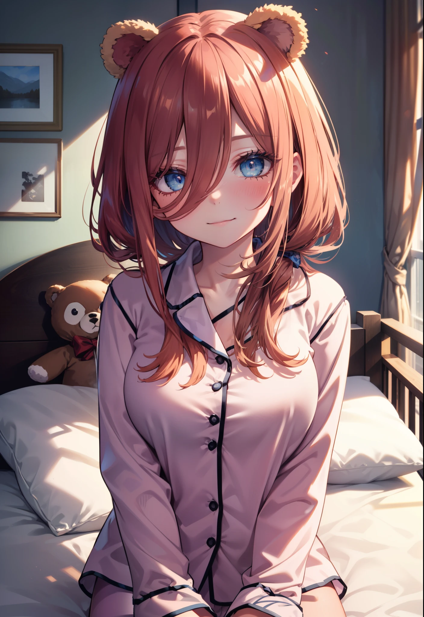 Miku Nakano, Nakano Future, long hair, bangs, blue eyes, tea hair, hair between eyes , smile,blush, mouths,(Animal Food, bear ears), fake animal year on irrum,A girl in a bear costume , (( bear costume style pajamas)), bedroom, plush, Brown pajamas, bed sheet , Blanket ,pillow, sitting on a bed , interior , beautiful scenery,morning,whole bodyがイラストに入るように,
break indoors, bedroom,
break looking at viewer, whole body,
break (Masterpiece:1.2), best quality , high resolution, Unity 8K Wallpaper , (illustration:0.8), ( Beautiful Detailed Eyes :1.6), Highly detailed faces, PERFECT LIGHTING , Highly detailed CG, (perfect hand, perfect anatomy),