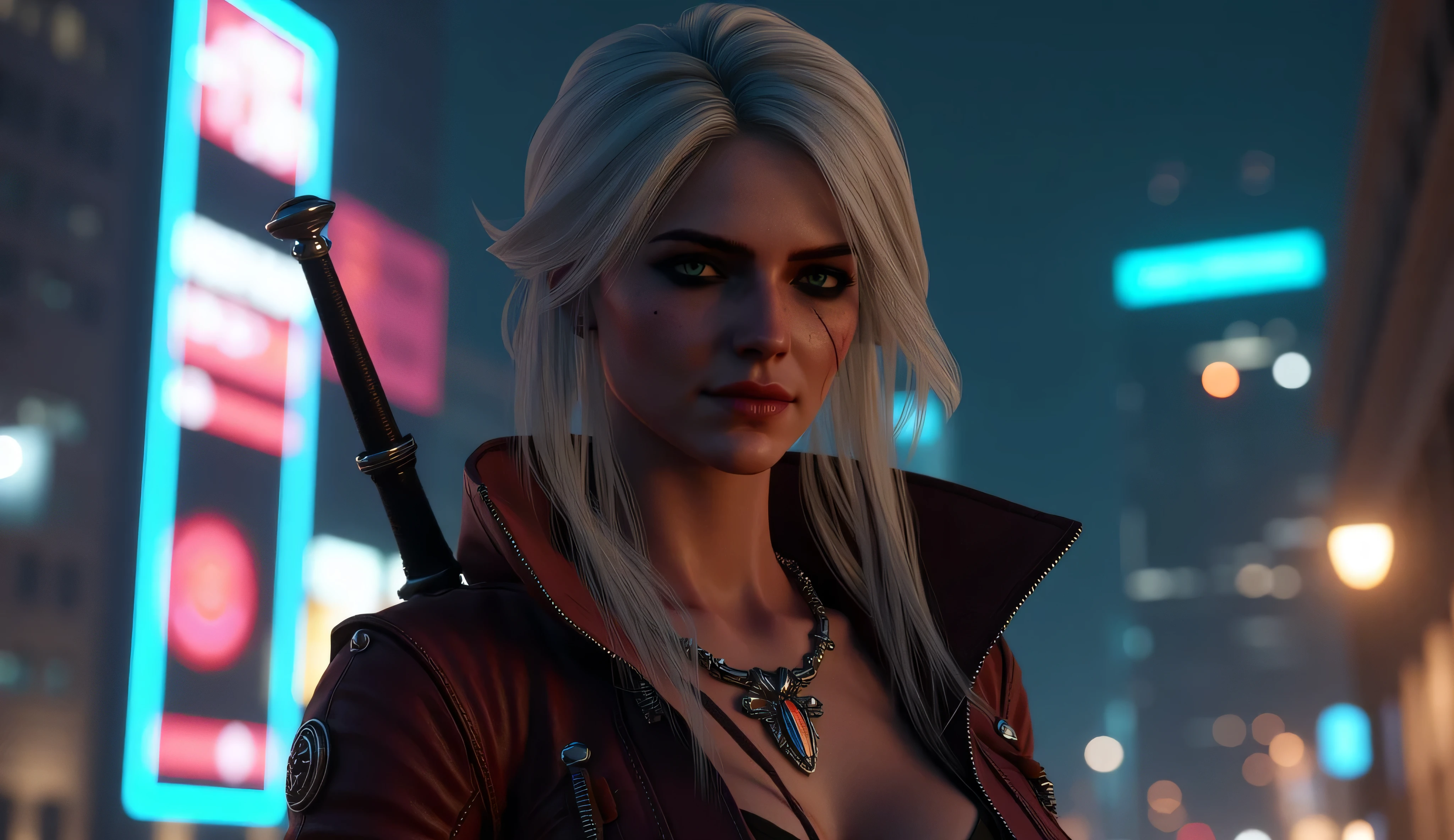    realistic photo,    Ciri from The Witcher 3 smiles slyly   , very high (the giantess), long strong legs   ,   big breasts   , sexy cyber punk clothes    ,   Athletic build , two swords behind   ,    full-length photo    , peering into urban space at night, cyberpunk 2077 ,    Photo in great detail      .   Subjective camera  , 