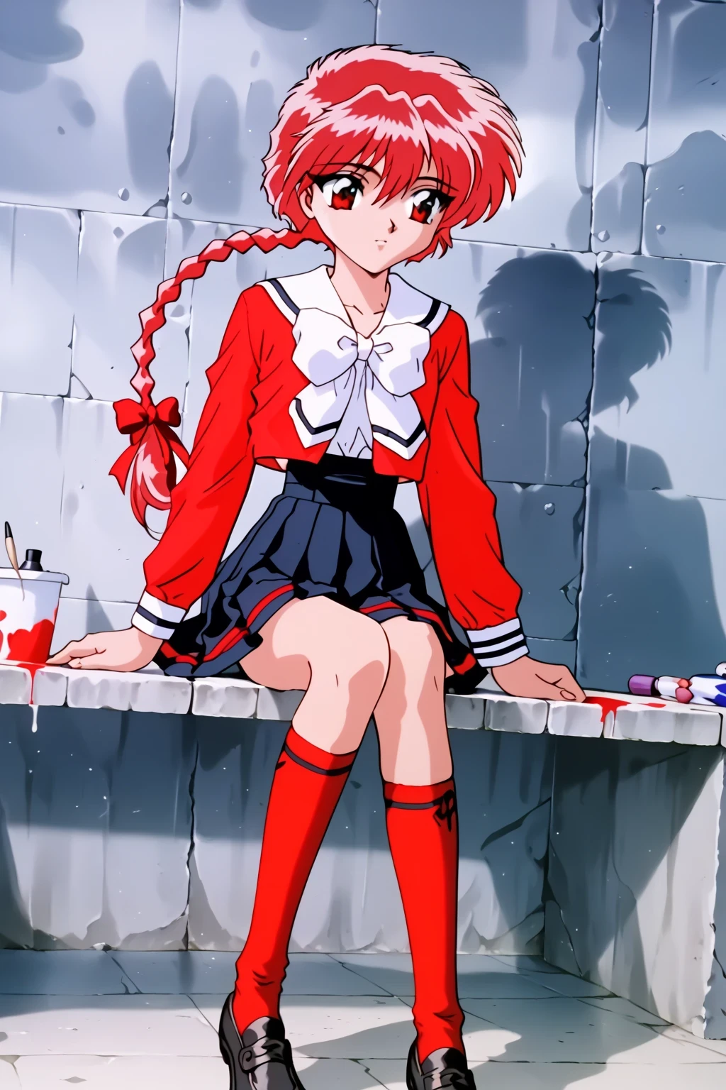 score_9,score_8_up,score_7_up,score_6_up,score_5_up,score_4_up,source_anime,(solo:1.5),
masterpiece,highest quality,Super detailed,8k,High resolution,an extremely delicate and beautiful,Official Art,Perfect Anatomy,1990s \(style\),90s anime,90s anime style,retro artstyle,Cel-shaded anime,anime screencap,anime coloring,Woman made of paint,Full Paint,ray tracing reflection,perfect face,beautiful,sexy,athletic body,shiny skin,(scale to fit the dimensions:1.2),
((AEHikaru:1.52)), braided ponytail, hair between eyes, hair ribbon, long braid, long hair, red eyes, red hair, single braid, black footwear, black skirt, kneehighs, long sleeves, pleated skirt, red bow, red shirt, red socks, ribbon, school uniform, serafuku, white bowtie,white sailor collar,