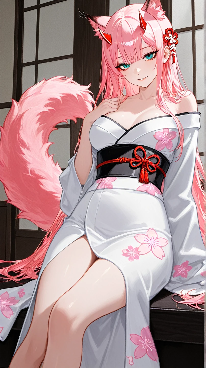 Alone kitsune, Female, fantasy race, large breasts, white bikini, pink long hair, fox ears, fox tail, open red kimono
