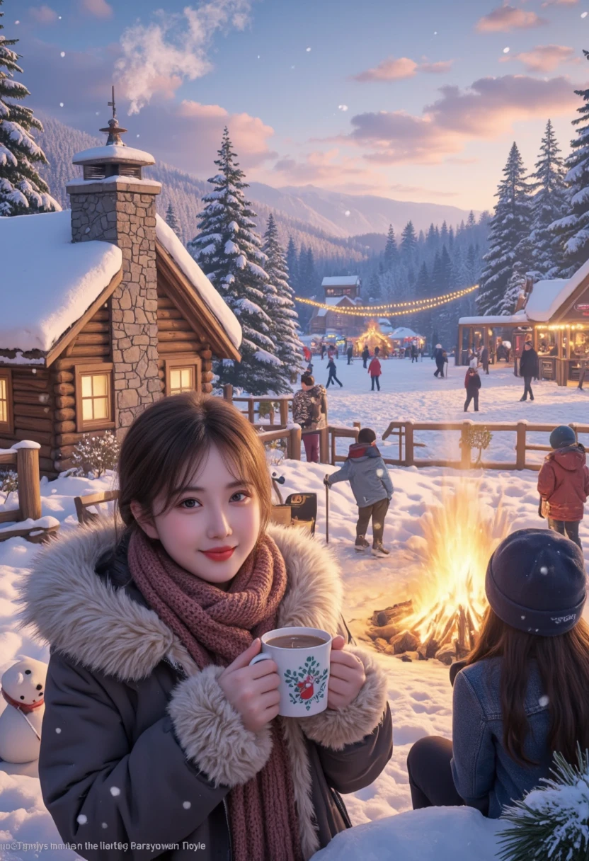 A magnificent and vibrant winter scene filled with elements that celebrate the magic of the season. The landscape is blanketed in shimmering snow, with frost delicately outlining the edges of evergreen trees and wooden fences. In the foreground, a cozy wooden cabin stands proudly, its stone chimney emitting soft curls of smoke that dissolve into the crisp winter air. Warm golden light spills from the cabin’s windows, contrasting with the icy blues and whites of the snow-covered surroundings. A group of friends is gathered outside near a roaring bonfire, their laughter filling the air as they sip steaming mugs of hot cocoa, wrapped in colorful scarves and mittens.
In the distance, a festive market glows with string lights and decorations, bustling with people enjoying winter festivities. Snowflakes drift gently from a pastel sky, adding to the magical ambiance. A  builds a snowman nearby, while another glides across a frozen pond on ice skates. The portrait element is captured with a close-up of a smiling figure holding a mug of hot chocolate, their cheeks rosy from the cold, wrapped in a thick, fur-lined coat and knitted scarf. The overall atmosphere combines the joy of winter festivities with the warmth of human connection and the serene beauty of a snowy wonderland.