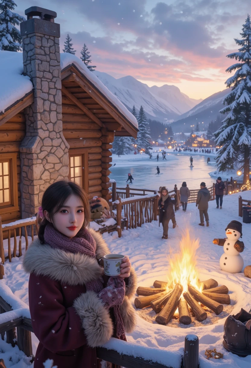 A magnificent and vibrant winter scene filled with elements that celebrate the magic of the season. The landscape is blanketed in shimmering snow, with frost delicately outlining the edges of evergreen trees and wooden fences. In the foreground, a cozy wooden cabin stands proudly, its stone chimney emitting soft curls of smoke that dissolve into the crisp winter air. Warm golden light spills from the cabin’s windows, contrasting with the icy blues and whites of the snow-covered surroundings. A group of friends is gathered outside near a roaring bonfire, their laughter filling the air as they sip steaming mugs of hot cocoa, wrapped in colorful scarves and mittens.
In the distance, a festive market glows with string lights and decorations, bustling with people enjoying winter festivities. Snowflakes drift gently from a pastel sky, adding to the magical ambiance. A  builds a snowman nearby, while another glides across a frozen pond on ice skates. The portrait element is captured with a close-up of a smiling figure holding a mug of hot chocolate, their cheeks rosy from the cold, wrapped in a thick, fur-lined coat and knitted scarf. The overall atmosphere combines the joy of winter festivities with the warmth of human connection and the serene beauty of a snowy wonderland.