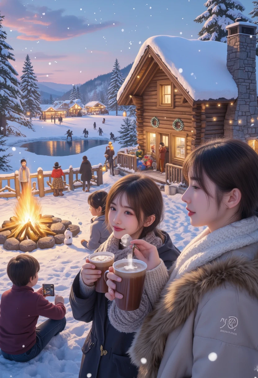A magnificent and vibrant winter scene filled with elements that celebrate the magic of the season. The landscape is blanketed in shimmering snow, with frost delicately outlining the edges of evergreen trees and wooden fences. In the foreground, a cozy wooden cabin stands proudly, its stone chimney emitting soft curls of smoke that dissolve into the crisp winter air. Warm golden light spills from the cabin’s windows, contrasting with the icy blues and whites of the snow-covered surroundings. A group of friends is gathered outside near a roaring bonfire, their laughter filling the air as they sip steaming mugs of hot cocoa, wrapped in colorful scarves and mittens.
In the distance, a festive market glows with string lights and decorations, bustling with people enjoying winter festivities. Snowflakes drift gently from a pastel sky, adding to the magical ambiance. A  builds a snowman nearby, while another glides across a frozen pond on ice skates. The portrait element is captured with a close-up of a smiling figure holding a mug of hot chocolate, their cheeks rosy from the cold, wrapped in a thick, fur-lined coat and knitted scarf. The overall atmosphere combines the joy of winter festivities with the warmth of human connection and the serene beauty of a snowy wonderland.