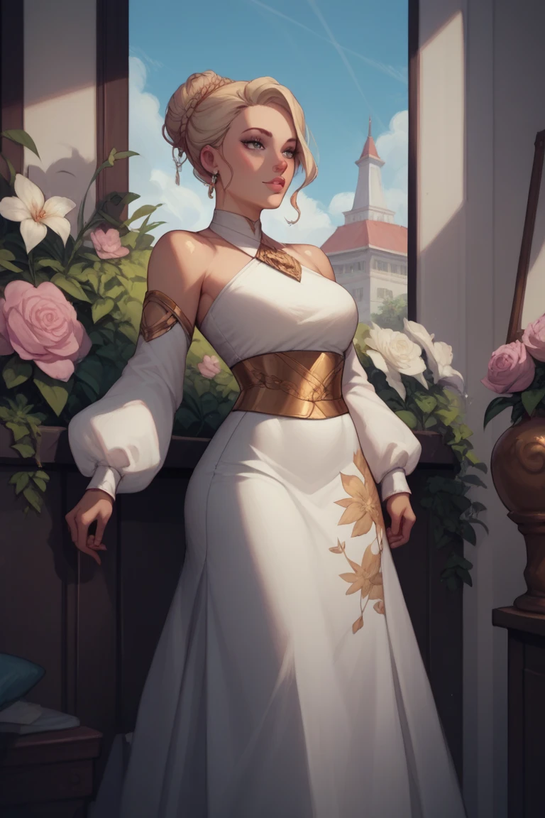 fantasy, Princess Targaryen, in the garden, a girl with white hair, in a lilac dress embroidered with gold threads of rubies and diamonds, with open shoulders, looks like Jessie Mae Lee,, hd